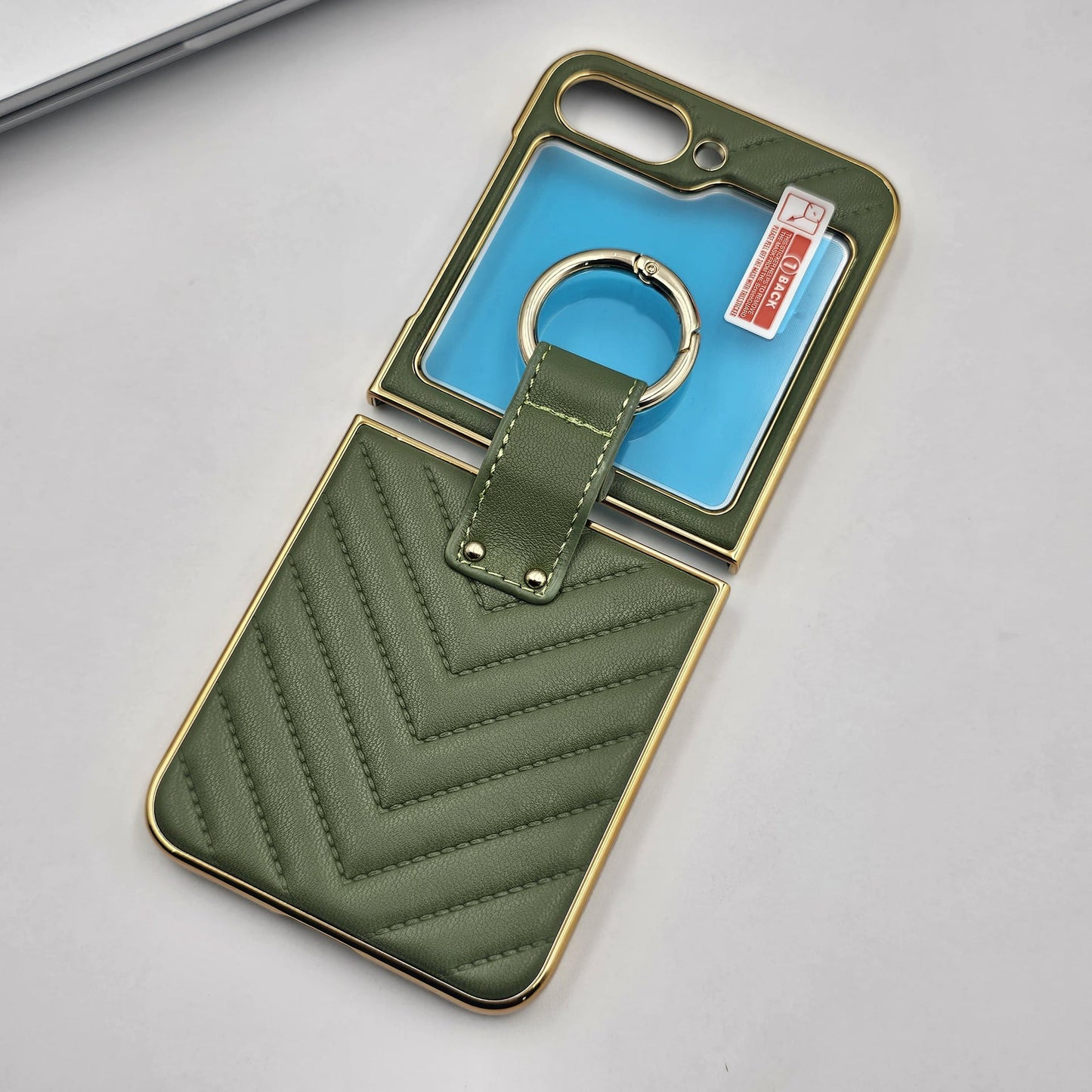 Luxury Puffer Leather Case with Ring Holder for Samsung Galaxy Z Flip 6 | Side Gold Plated Cover