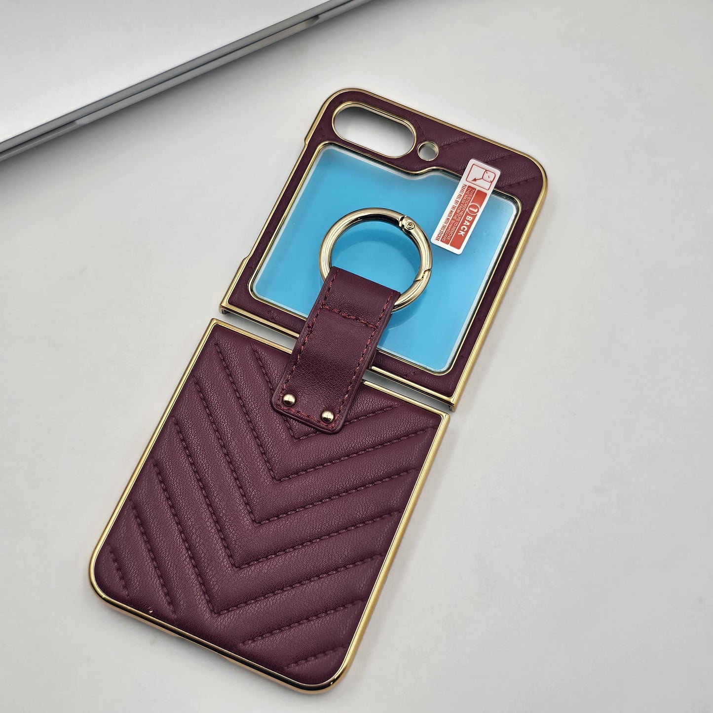 Luxury Puffer Leather Case with Ring Holder for Samsung Galaxy Z Flip 6 | Side Gold Plated Cover