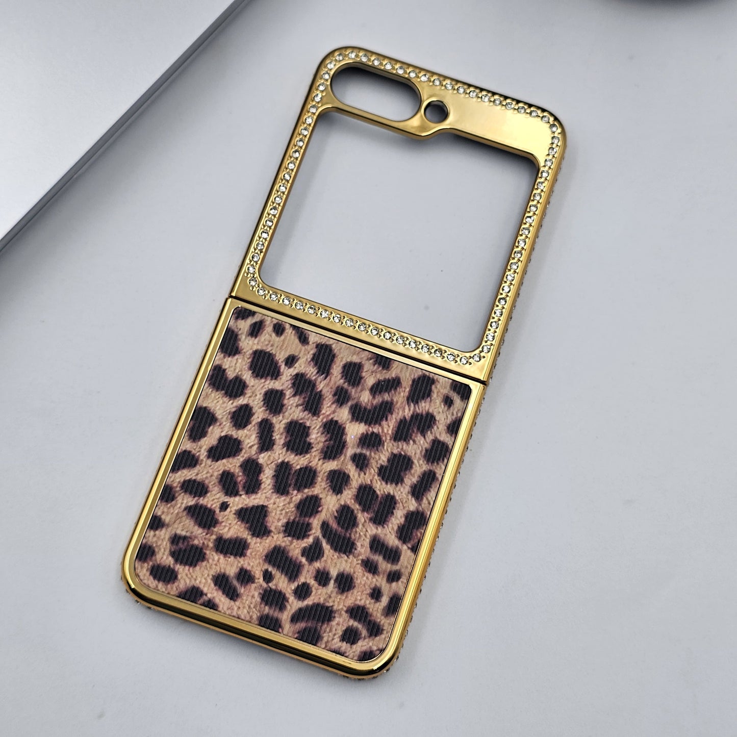 Luxury Leopard Print Case for Samsung Galaxy Z Flip 6 | Gold Plated with Side Diamonds | Designer Animal Print Cover