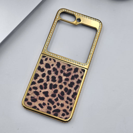 Luxury Leopard Print Case for Samsung Galaxy Z Flip 6 | Gold Plated with Side Diamonds | Designer Animal Print Cover