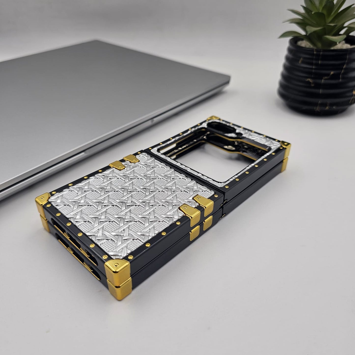 Luxury Trunk Case for Samsung Galaxy Z Flip 6 | Designer Metal Embossed Cover | Gold Rivets & Lanyard Strap