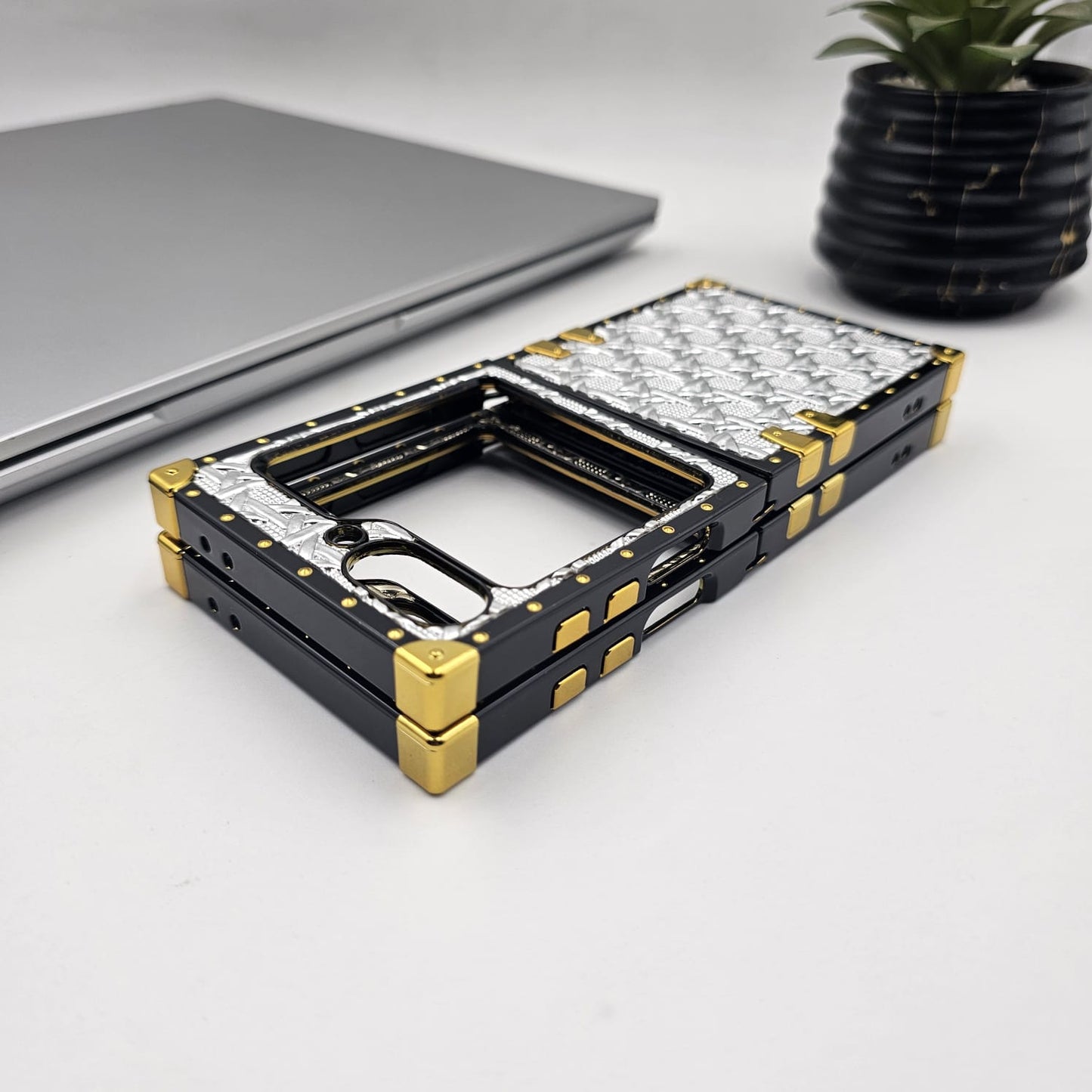 Luxury Trunk Case for Samsung Galaxy Z Flip 6 | Designer Metal Embossed Cover | Gold Rivets & Lanyard Strap
