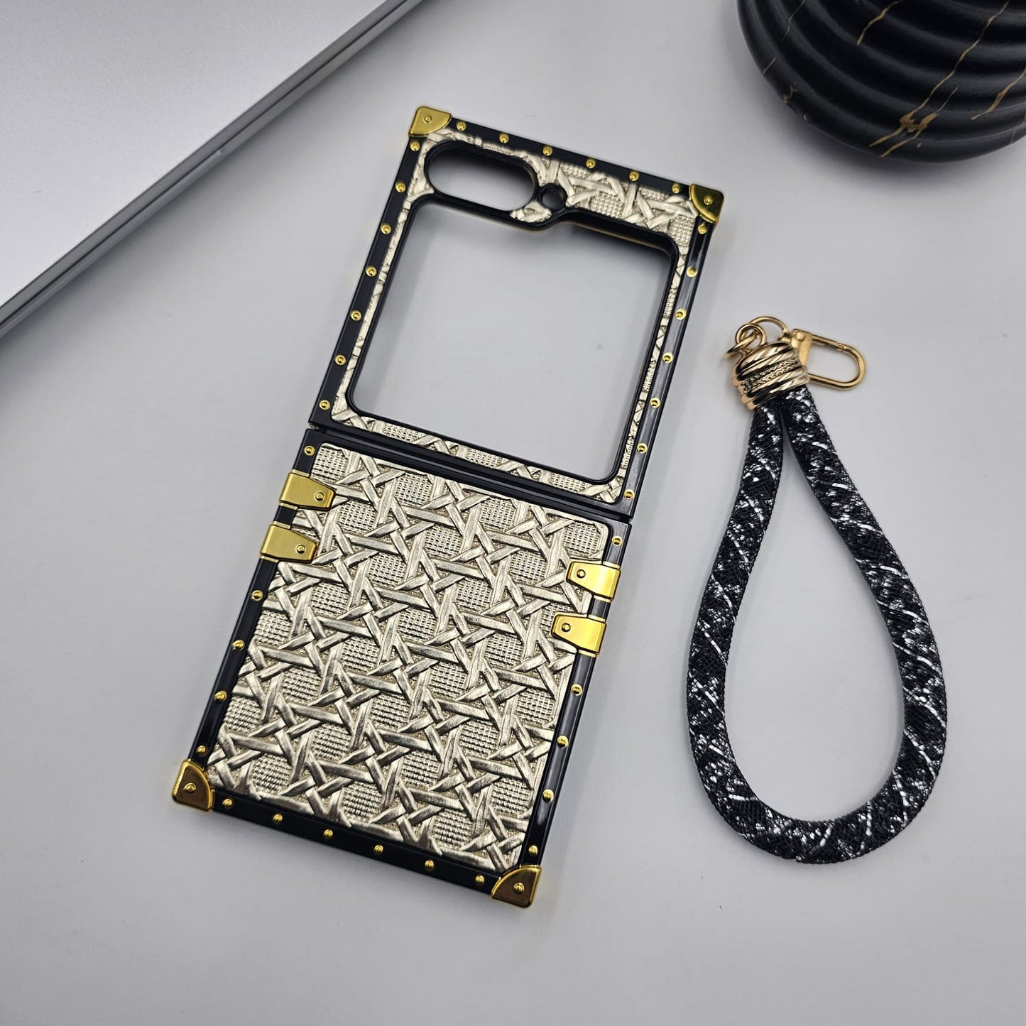 Luxury Trunk Case for Samsung Galaxy Z Flip 6 | Designer Metal Embossed Cover | Gold Rivets & Lanyard Strap