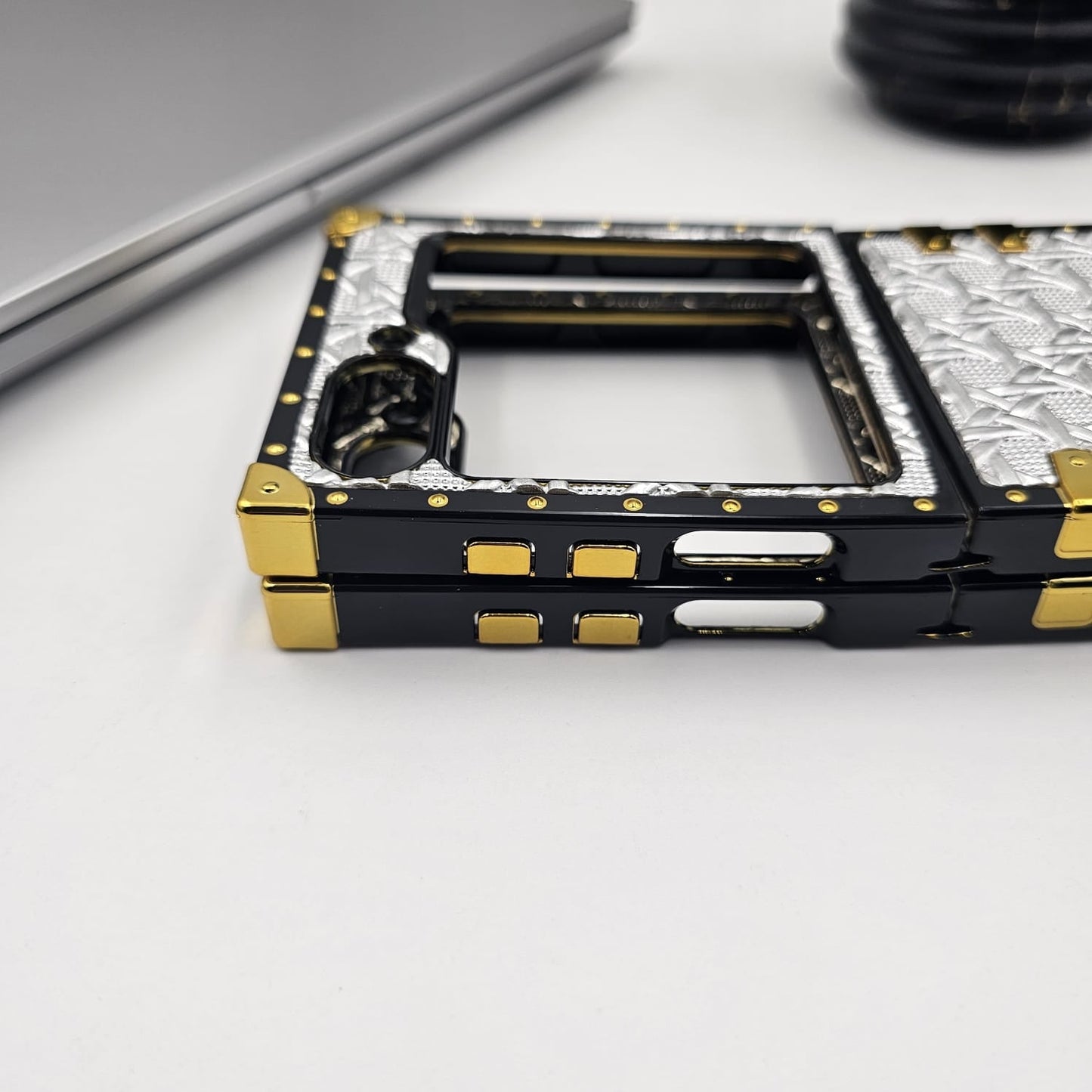Luxury Trunk Case for Samsung Galaxy Z Flip 6 | Designer Metal Embossed Cover | Gold Rivets & Lanyard Strap