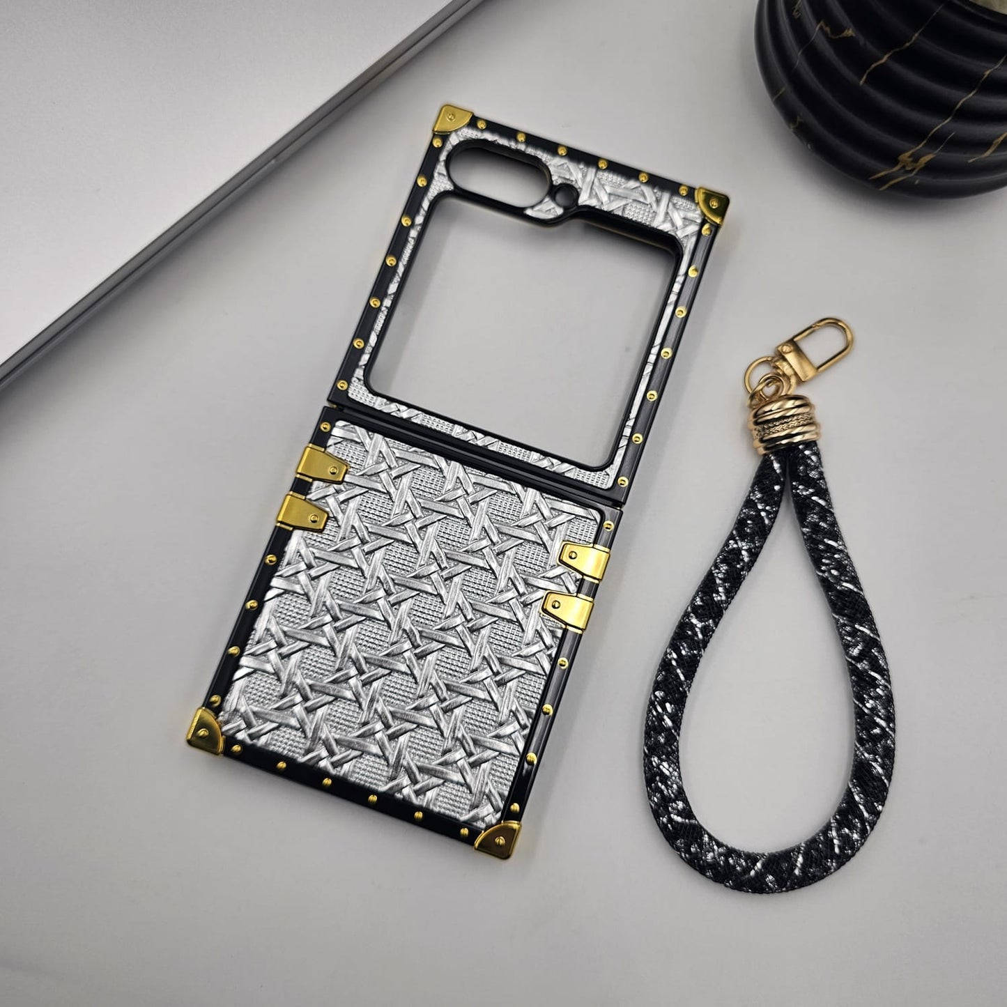 Luxury Trunk Case for Samsung Galaxy Z Flip 6 | Designer Metal Embossed Cover | Gold Rivets & Lanyard Strap