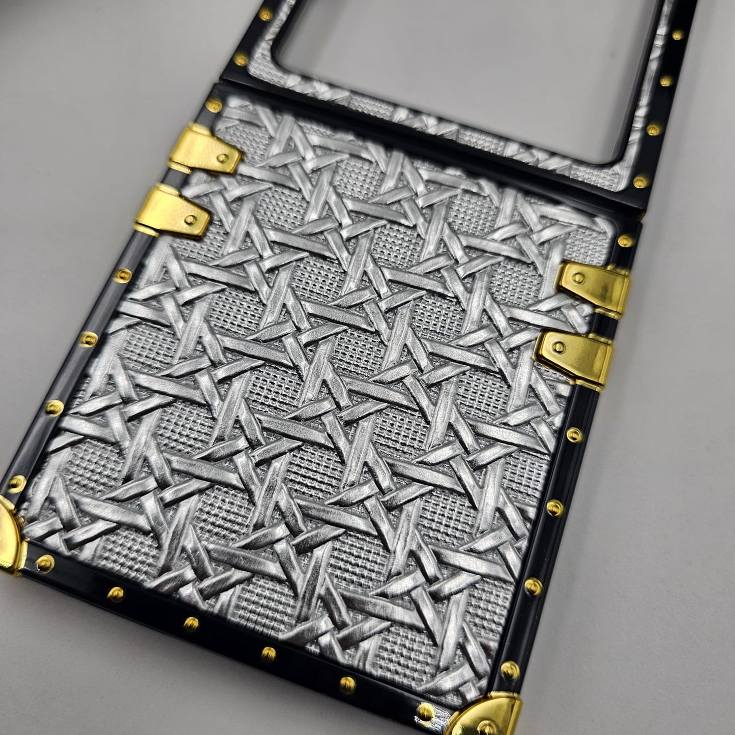 Luxury Trunk Case for Samsung Galaxy Z Flip 6 | Designer Metal Embossed Cover | Gold Rivets & Lanyard Strap