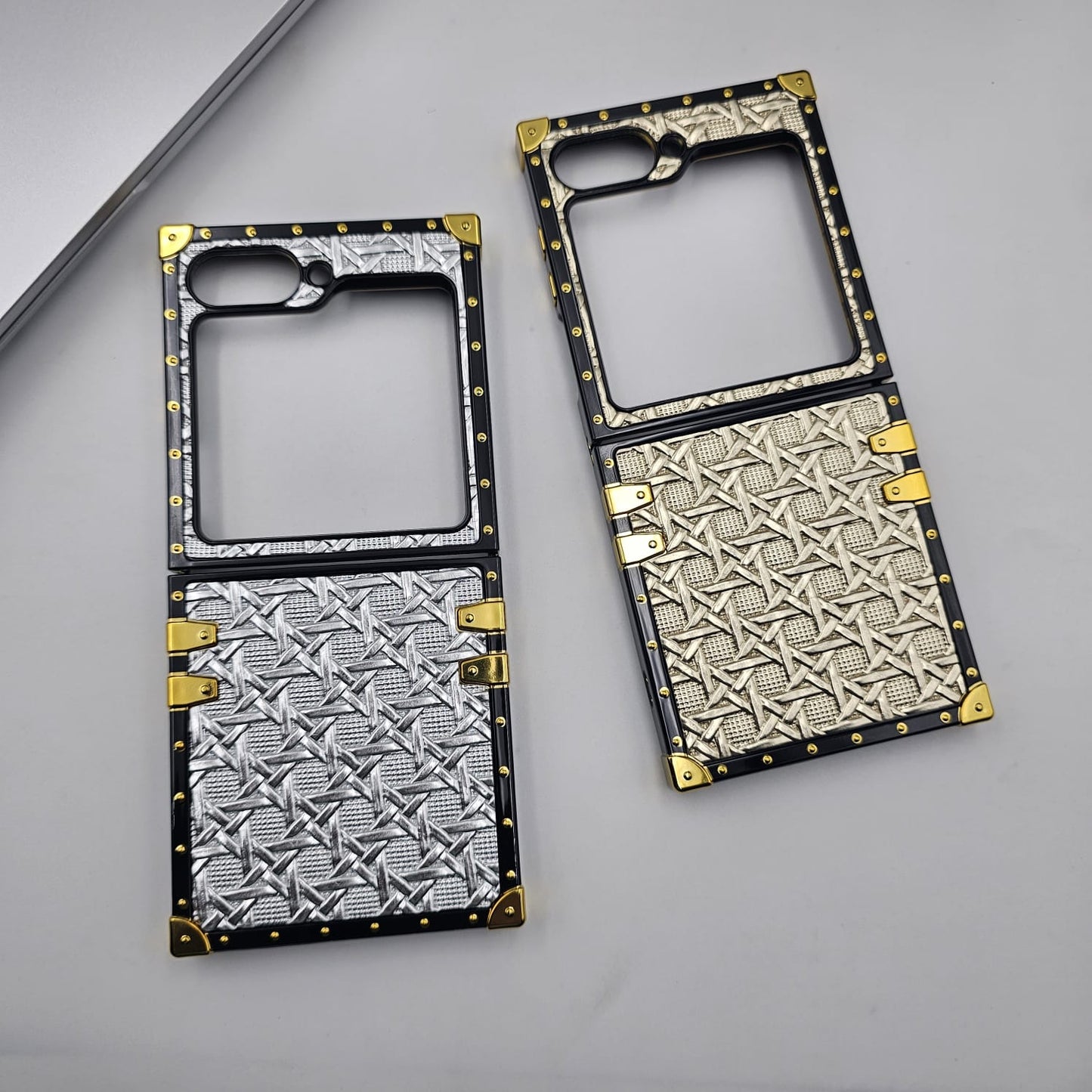 Luxury Trunk Case for Samsung Galaxy Z Flip 6 | Designer Metal Embossed Cover | Gold Rivets & Lanyard Strap