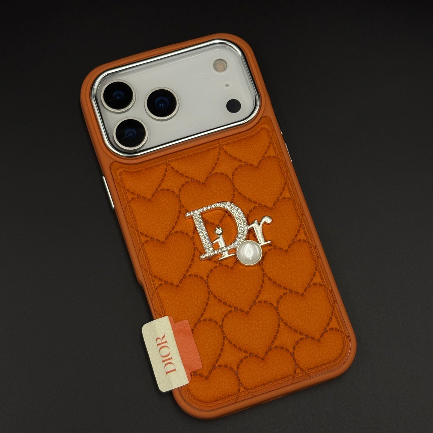 Luxury Heart Quilted Leather Case Cover for iPhone 17 Series – Orange & Pink | CD Pearl Diamond Edition