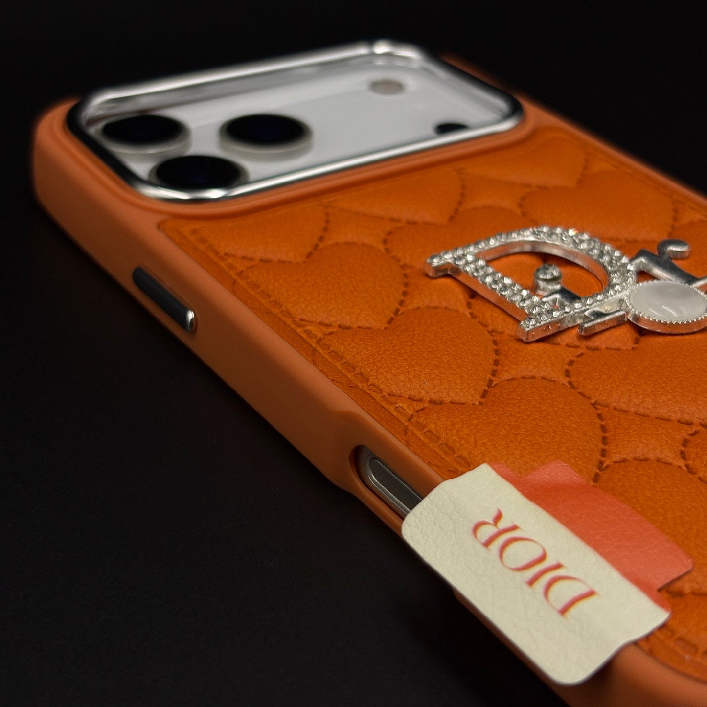 Luxury Heart Quilted Leather Case Cover for iPhone 17 Series – Orange & Pink | CD Pearl Diamond Edition