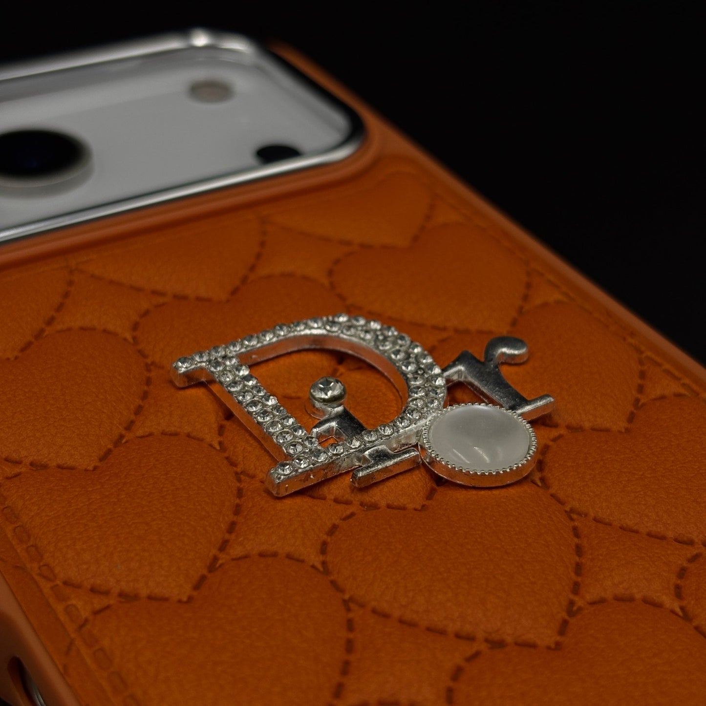 Luxury Heart Quilted Leather Case Cover for iPhone 17 Series – Orange & Pink | CD Pearl Diamond Edition