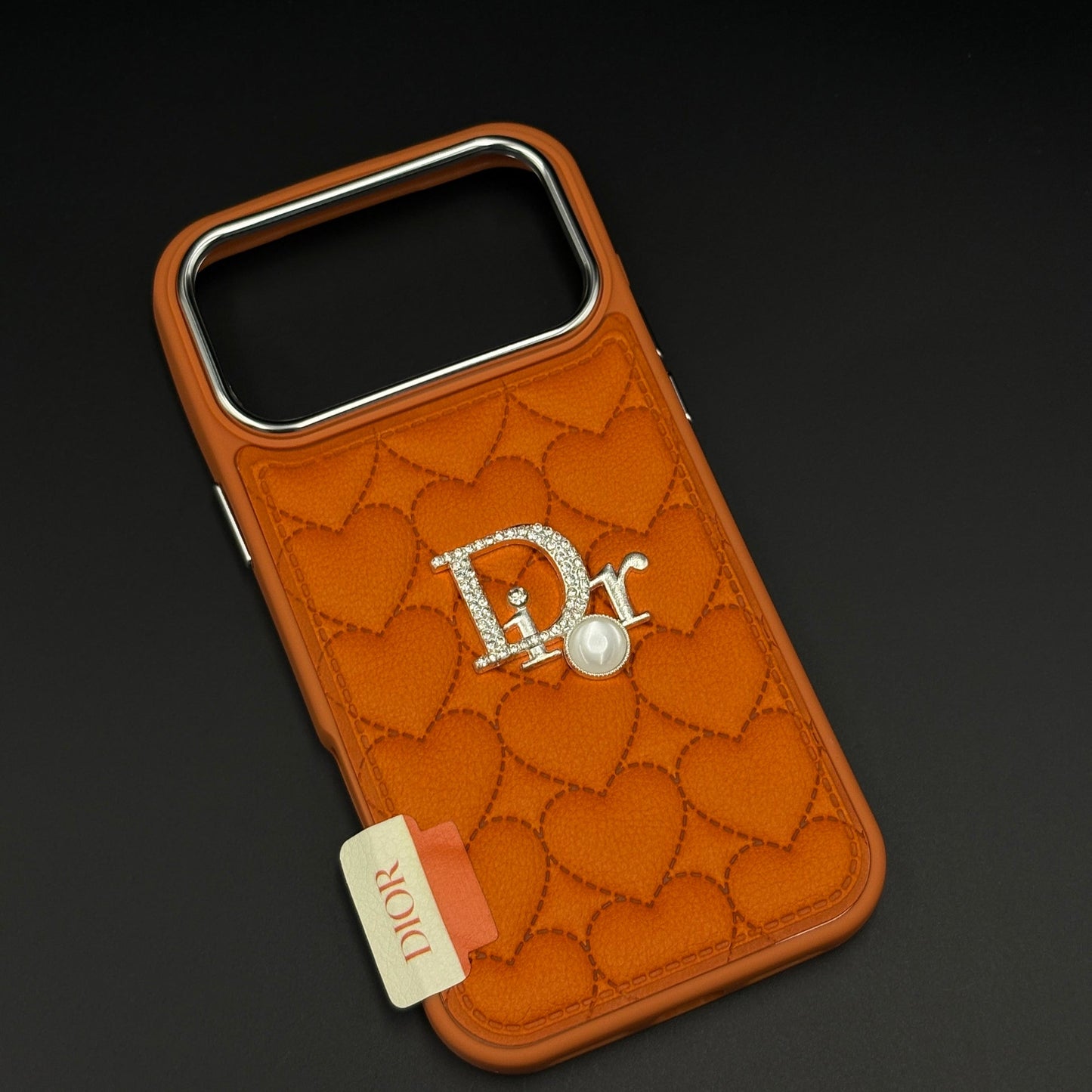 Luxury Heart Quilted Leather Case Cover for iPhone 17 Series – Orange & Pink | CD Pearl Diamond Edition