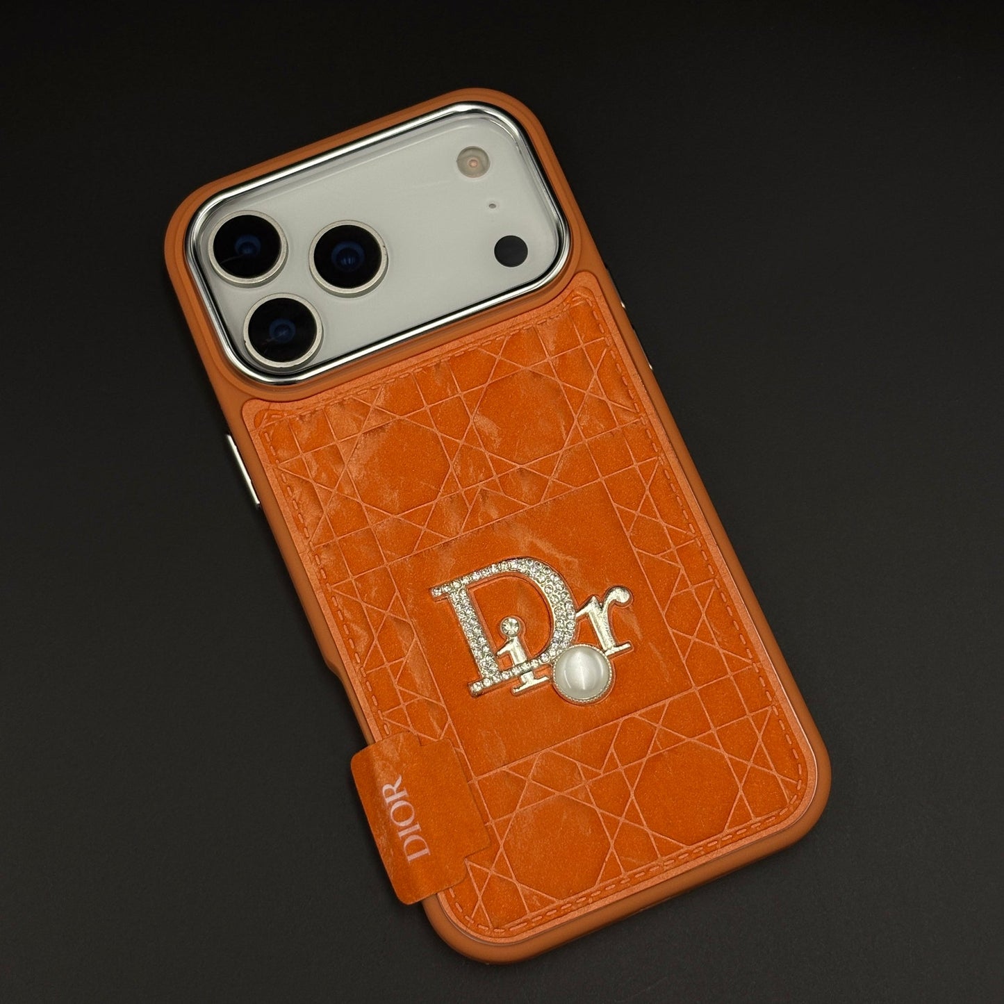 CD Pearl Diamond Luxury Leather Case for iPhone 17 Series – Orange