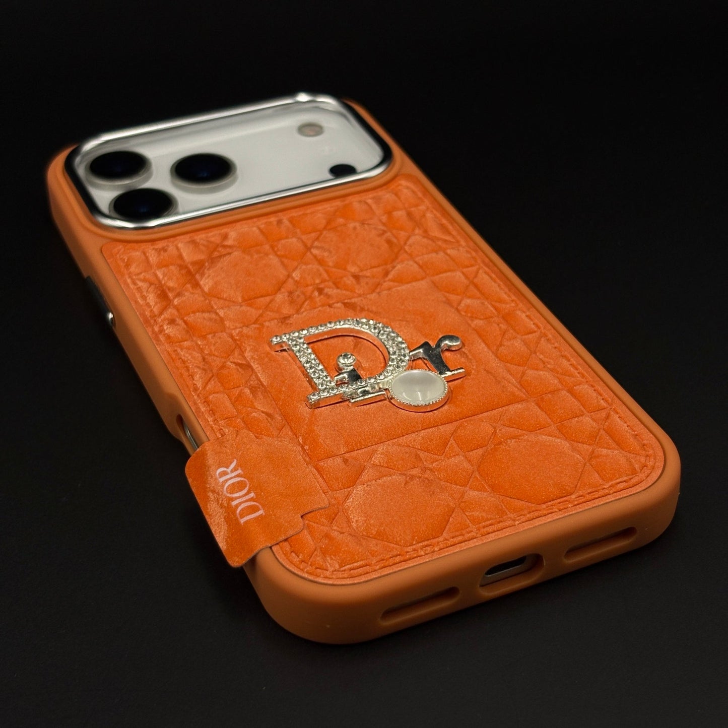 CD Pearl Diamond Luxury Leather Case for iPhone 17 Series – Orange