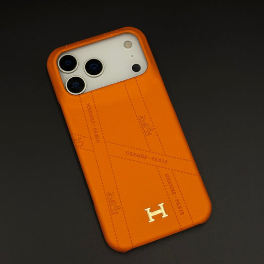 Luxury Orange Leather Case for iPhone 17 Series | HMS‑Inspired Ribbon Design with Gold H Logo