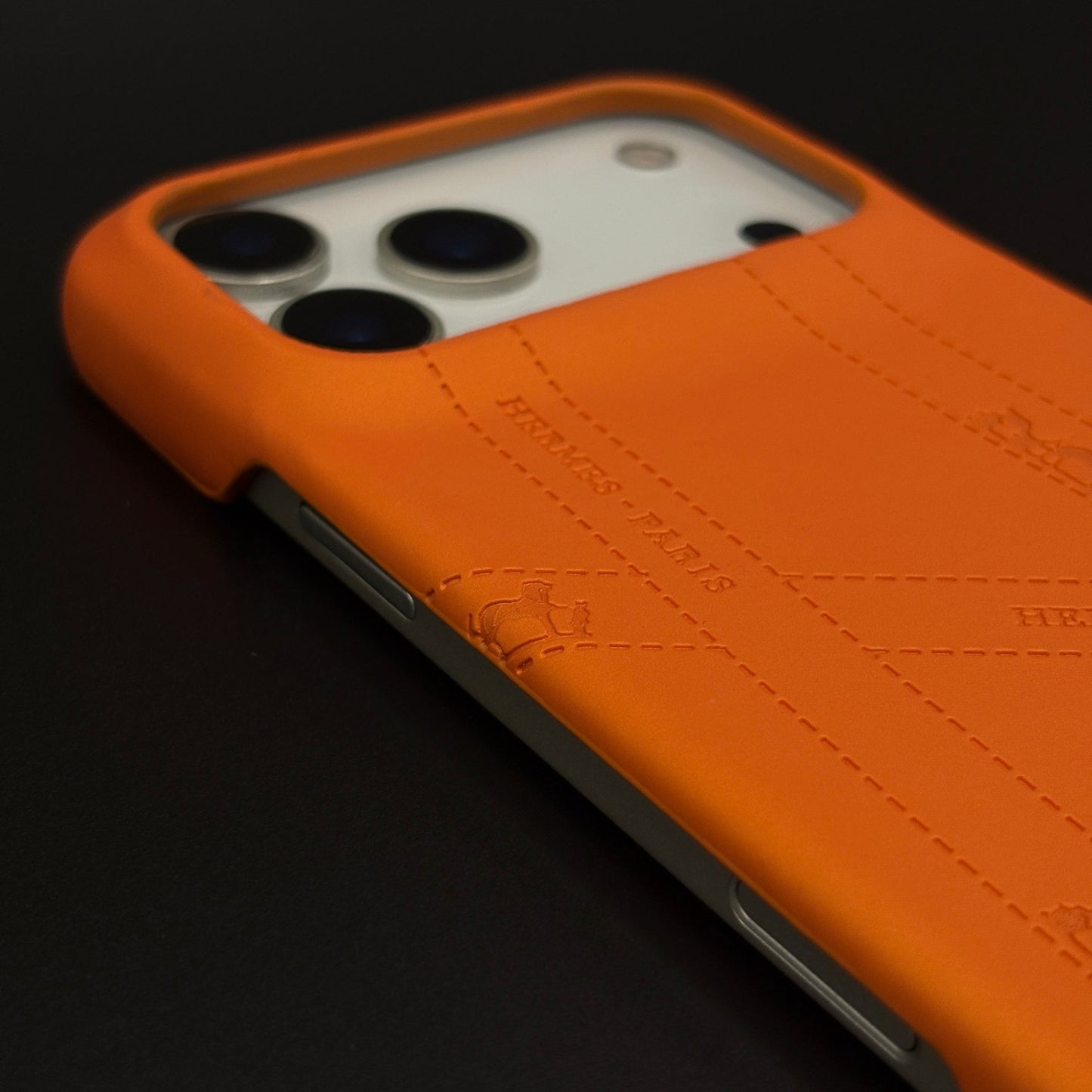 Luxury Orange & Blue Leather Case for iPhone 17 Series | HMS‑Inspired Ribbon Design with Gold H Logo