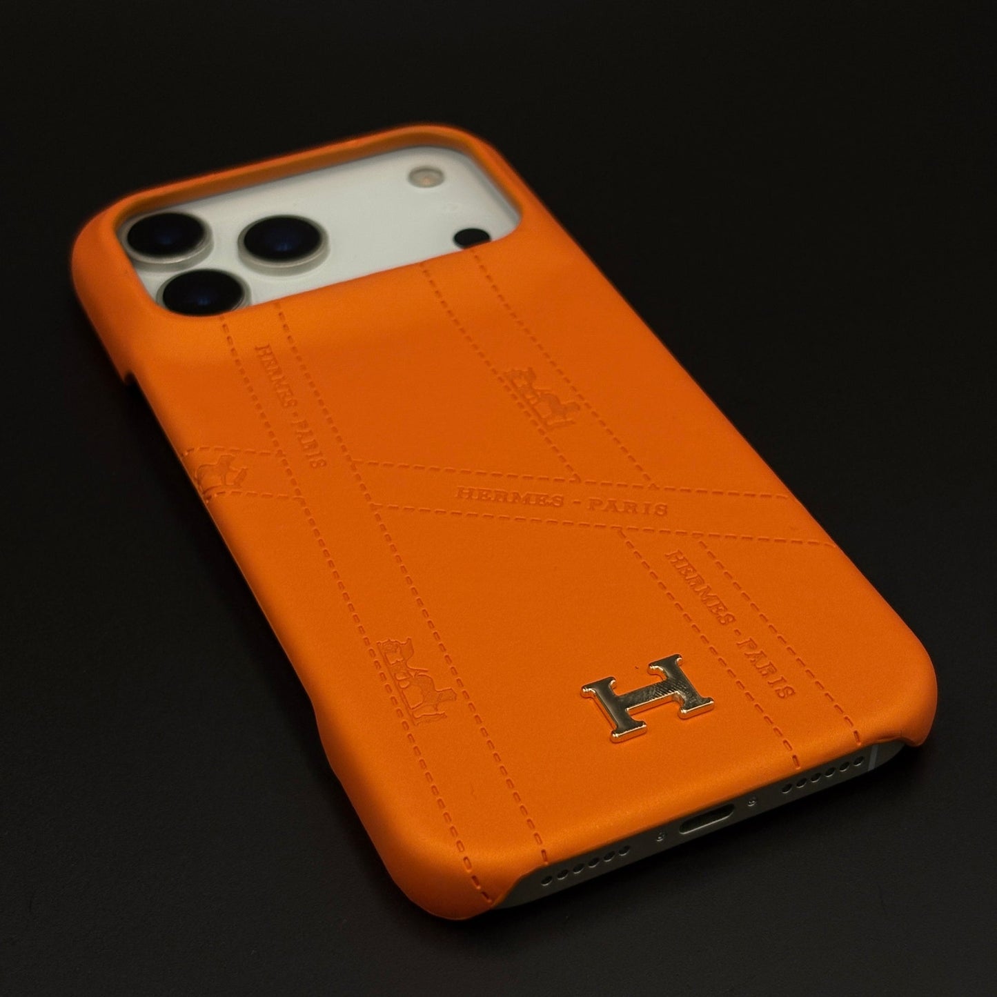 Luxury Orange & Blue Leather Case for iPhone 17 Series | HMS‑Inspired Ribbon Design with Gold H Logo