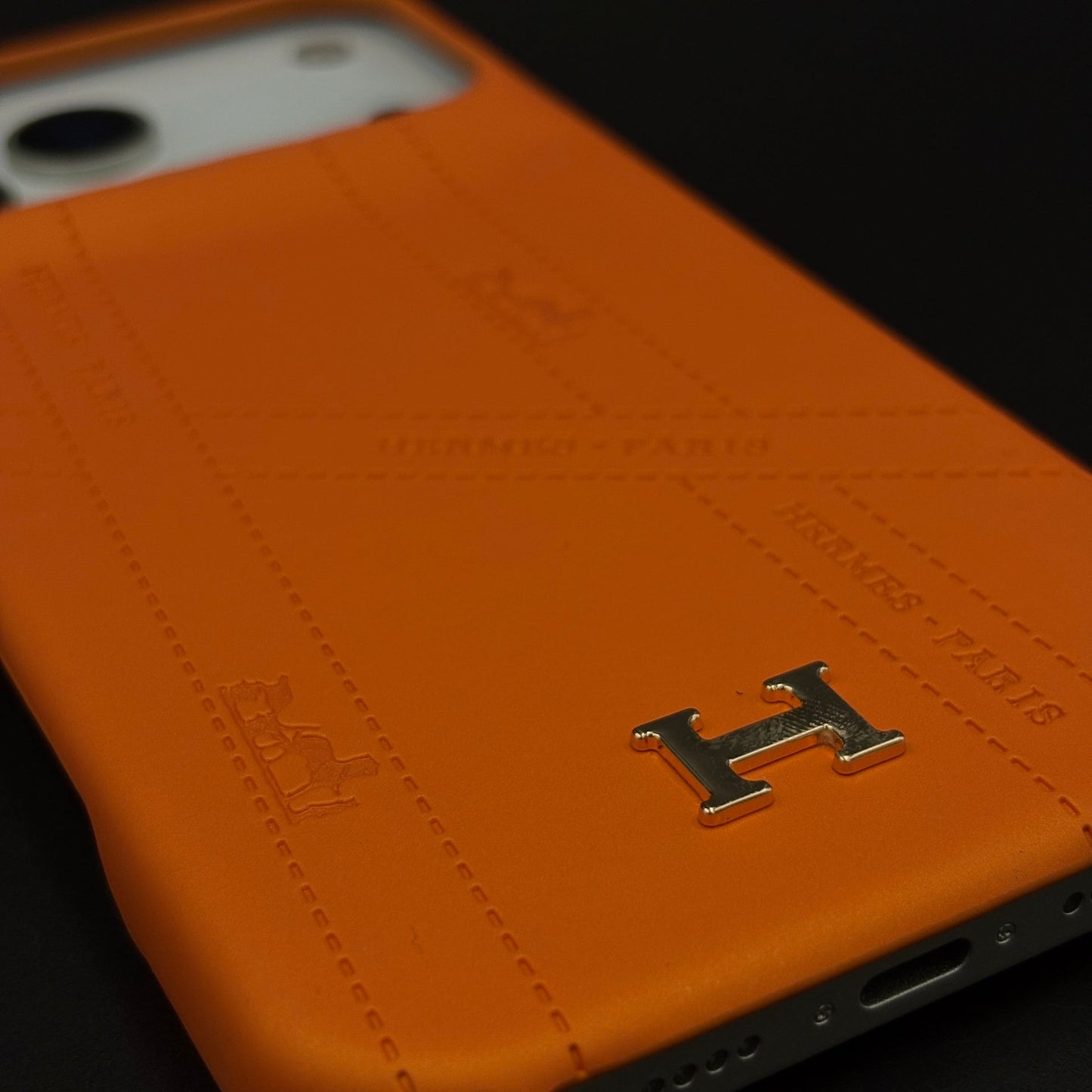 Luxury Orange & Blue Leather Case for iPhone 17 Series | HMS‑Inspired Ribbon Design with Gold H Logo