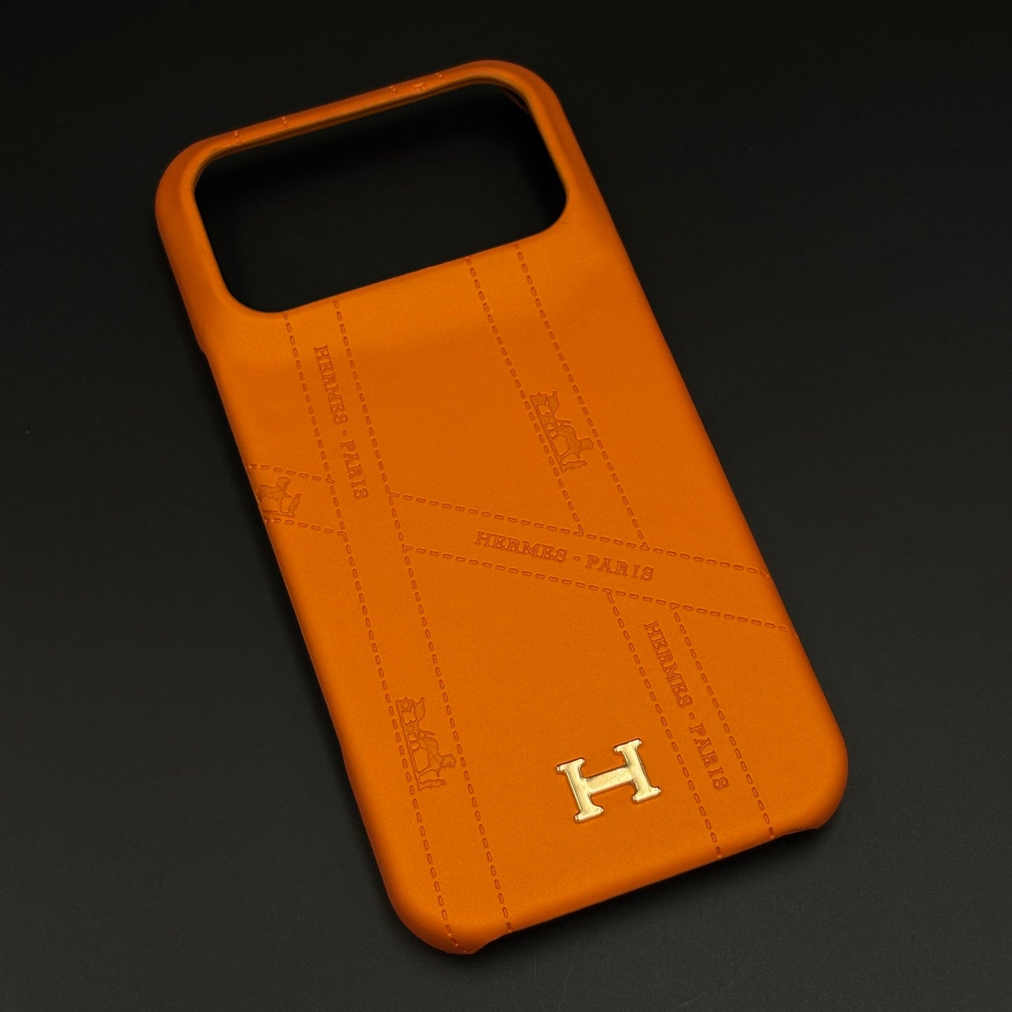 Luxury Orange & Blue Leather Case for iPhone 17 Series | HMS‑Inspired Ribbon Design with Gold H Logo
