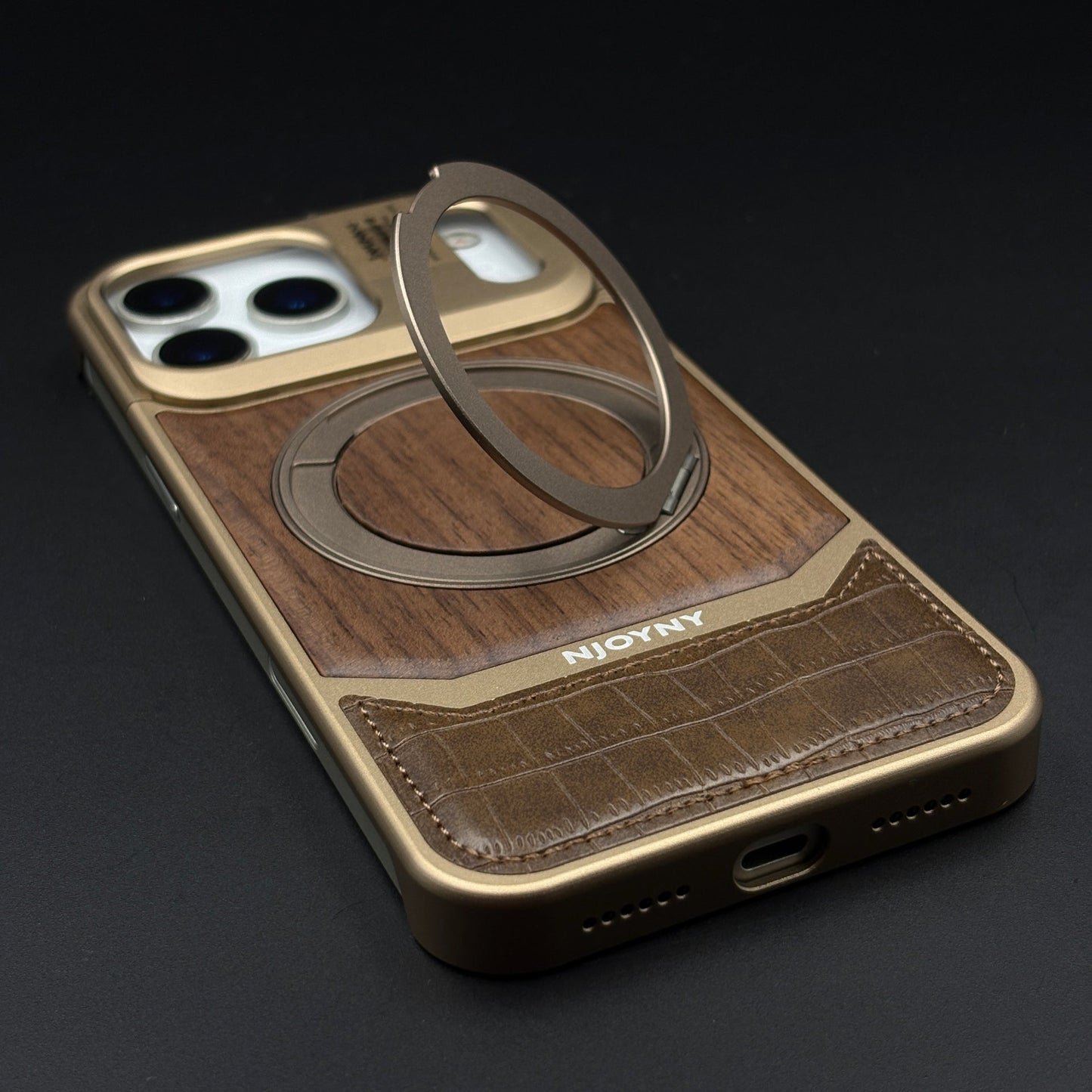 Croc & Wood Pattern Rotating MagSafe Phone Case Cover for iPhone 17 Series | Metal Stand