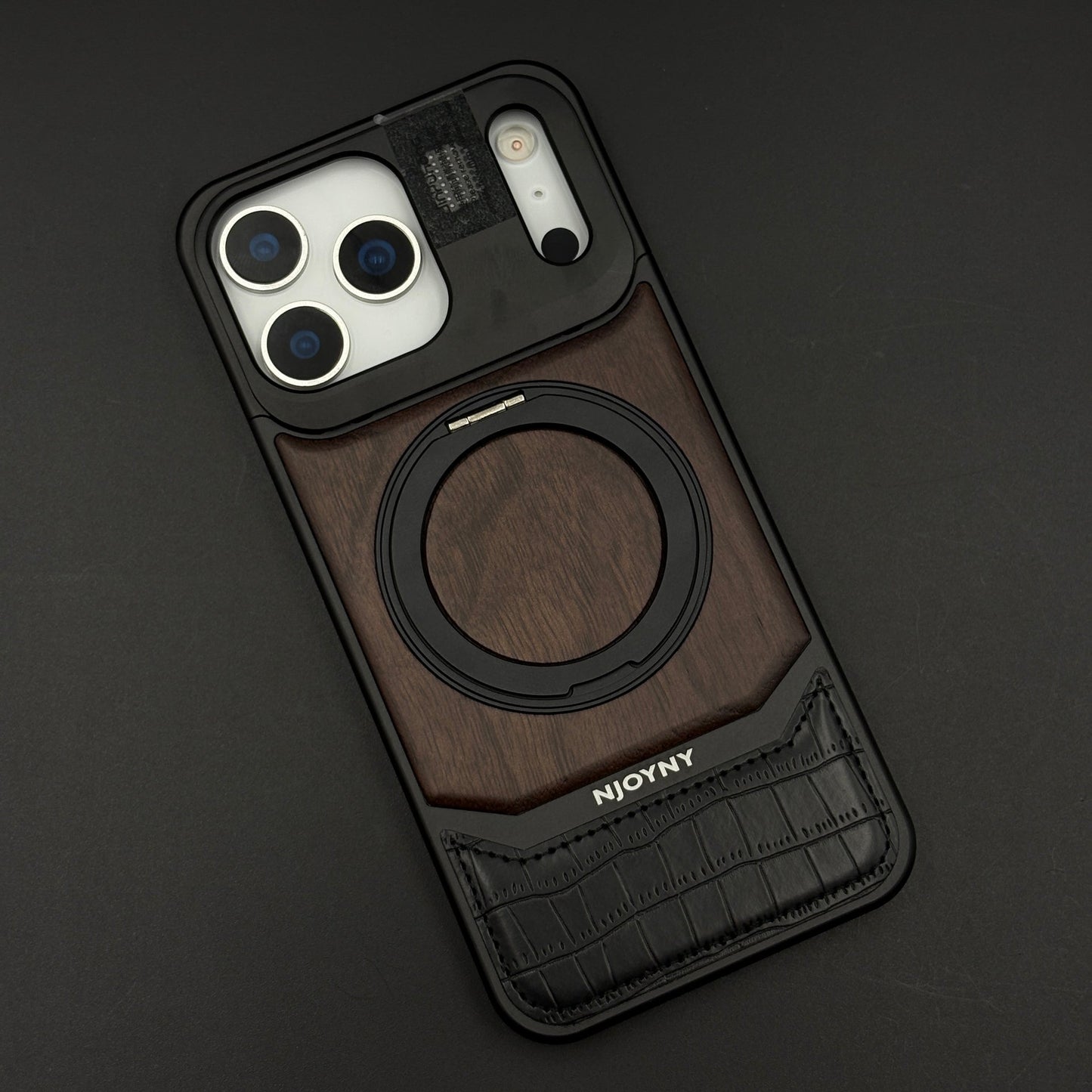 Croc & Wood Pattern Rotating MagSafe Phone Case Cover for iPhone 17 Series | Metal Stand