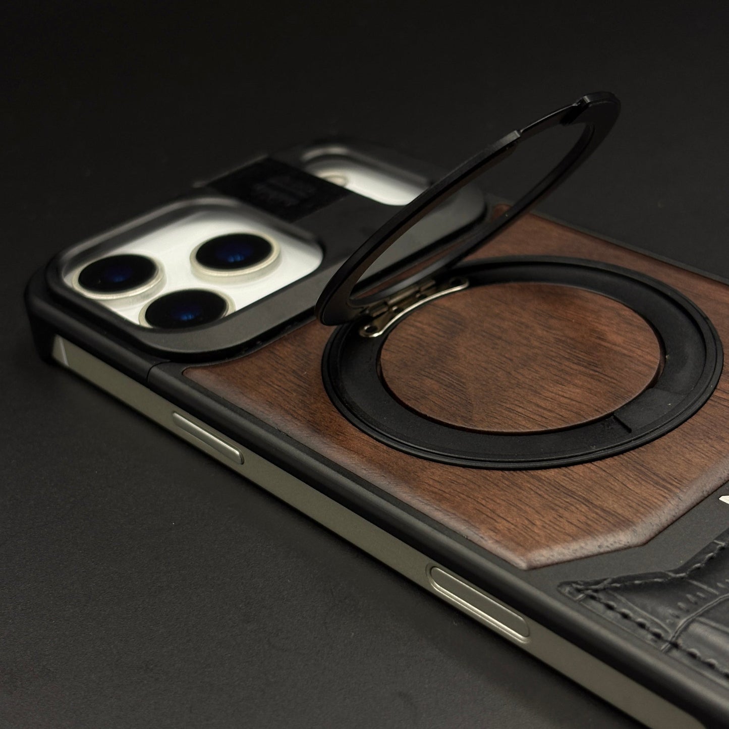 Croc & Wood Pattern Rotating MagSafe Phone Case Cover for iPhone 17 Series | Metal Stand
