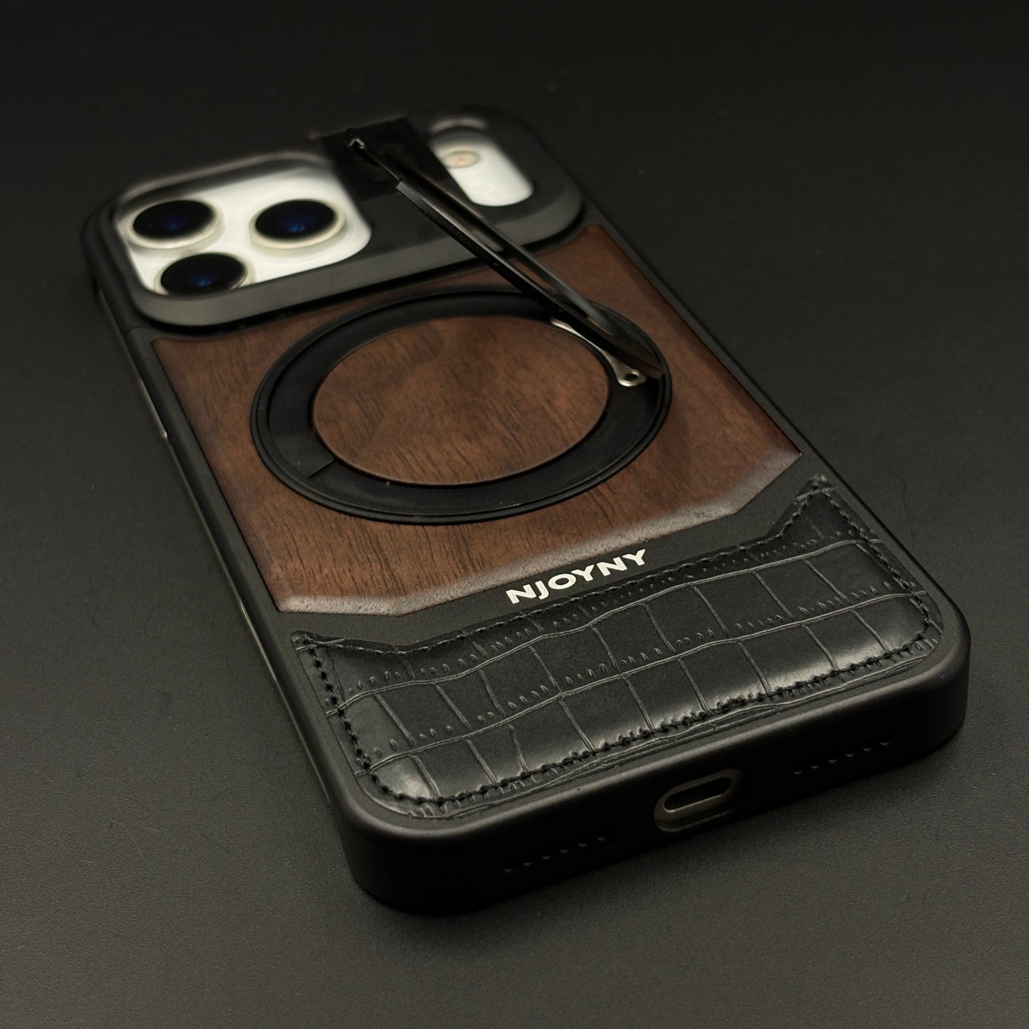 Croc & Wood Pattern Rotating MagSafe Phone Case Cover for iPhone 17 Series | Metal Stand