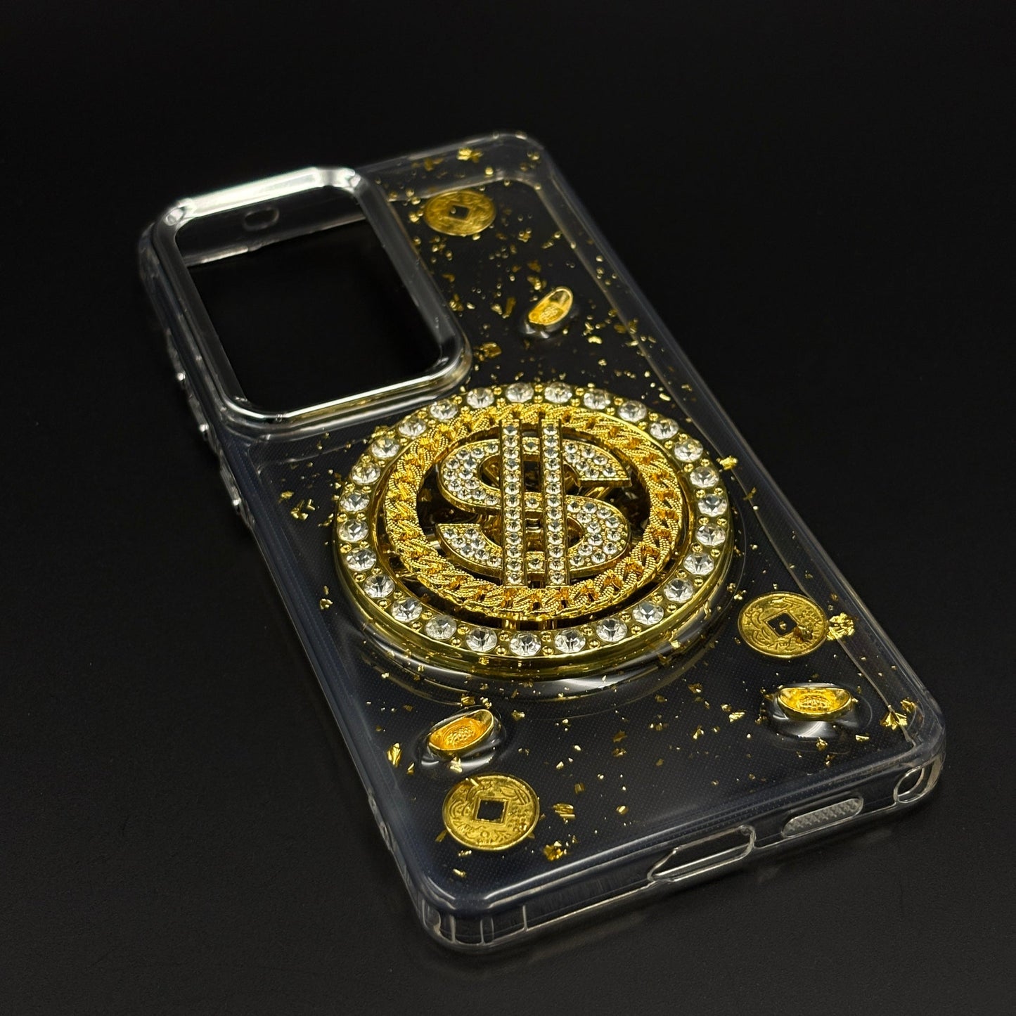 Luxury Rotating Dollar Case for Samsung Galaxy S26 Ultra | Gold Bling Coin Design with Beaded Wrist Strap