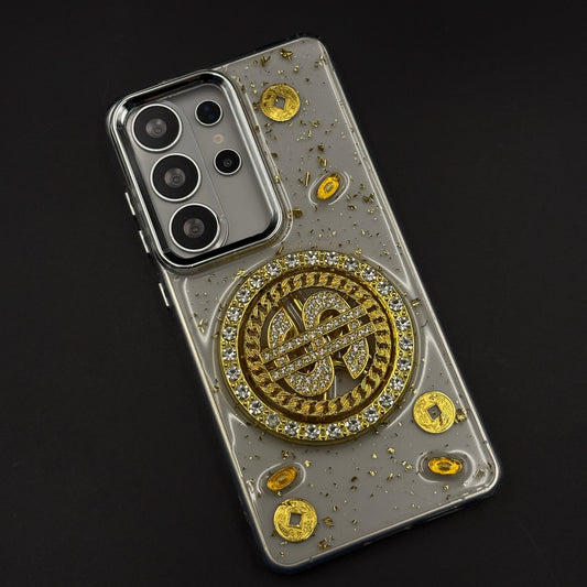 Luxury Rotating Dollar Case for Samsung Galaxy S26 Ultra | Gold Bling Coin Design with Beaded Wrist Strap