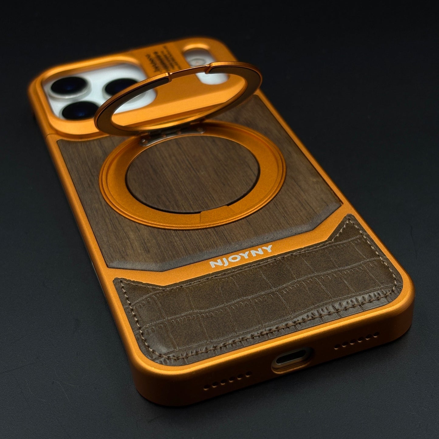 Croc & Wood Pattern Rotating MagSafe Phone Case Cover for iPhone 17 Series | Metal Stand