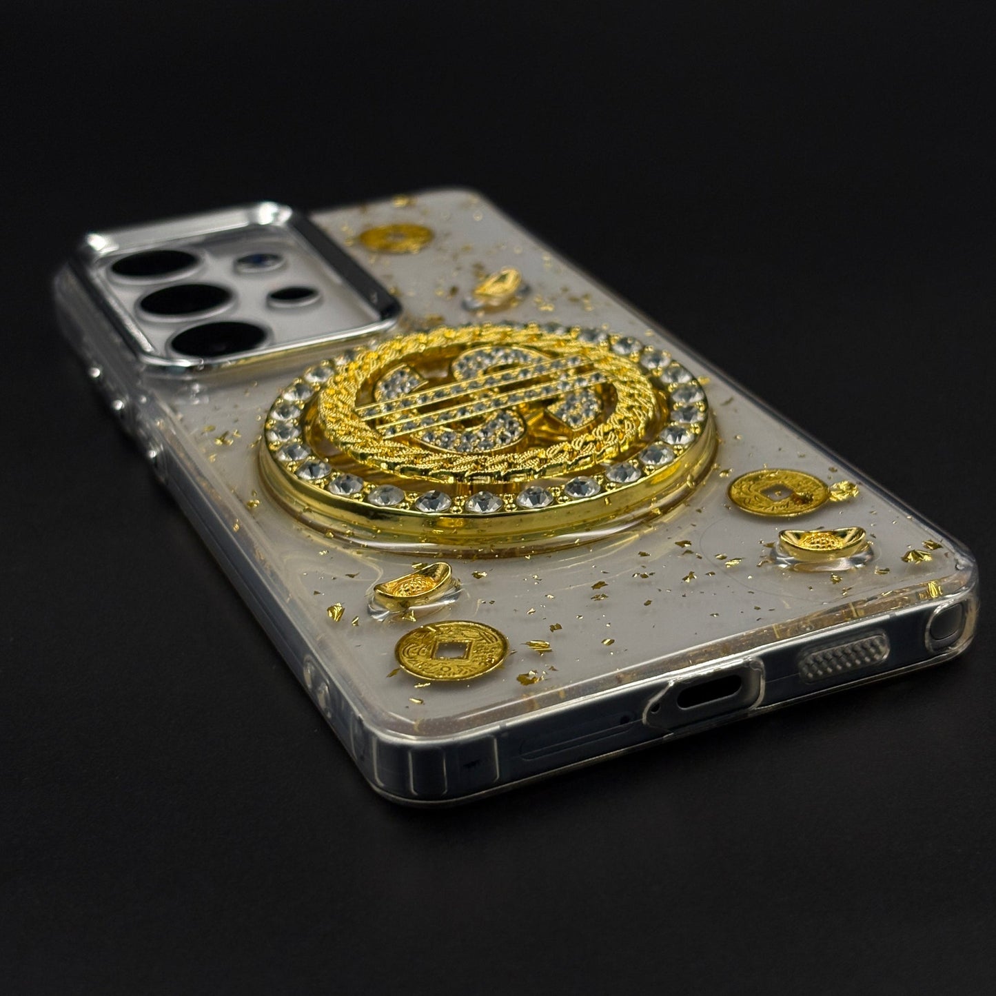 Luxury Rotating Dollar Case for Samsung Galaxy S26 Ultra | Gold Bling Coin Design with Beaded Wrist Strap