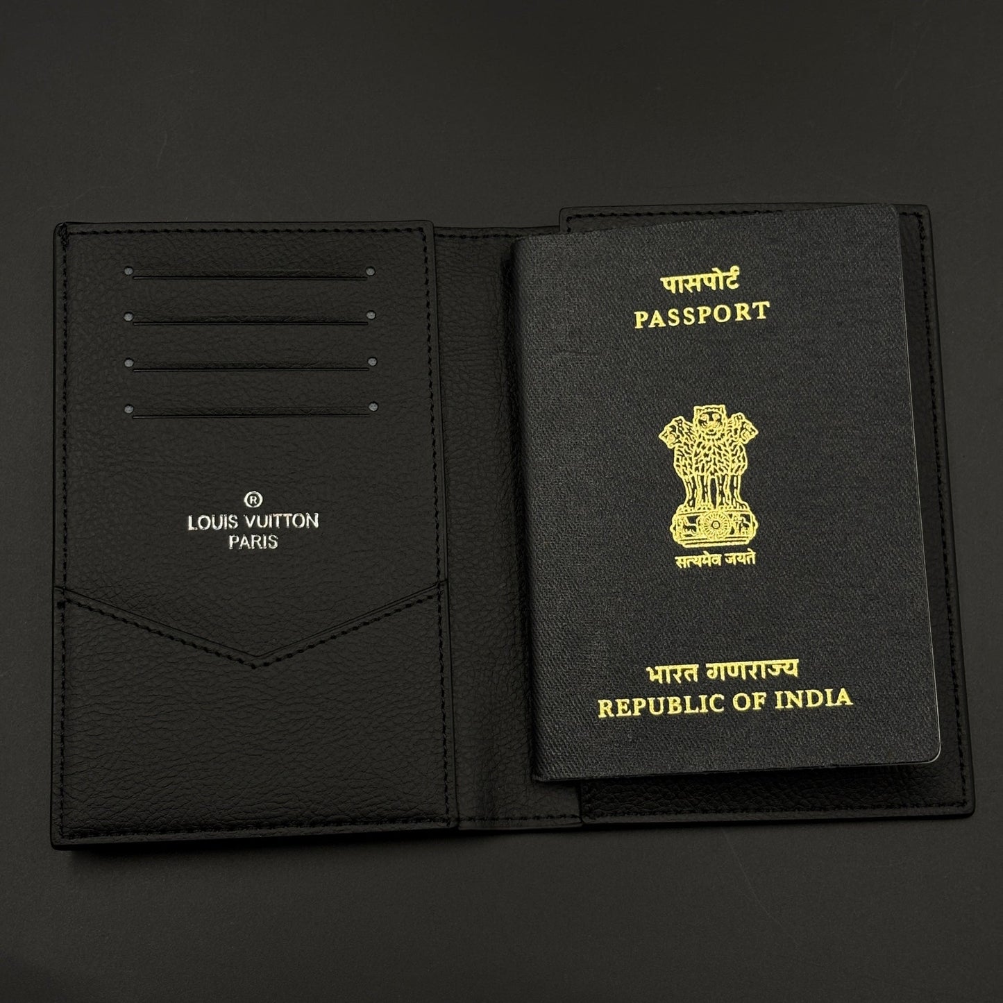 Luxury Black Embossed Passport Case Cover with Card Slots for Travel with Box
