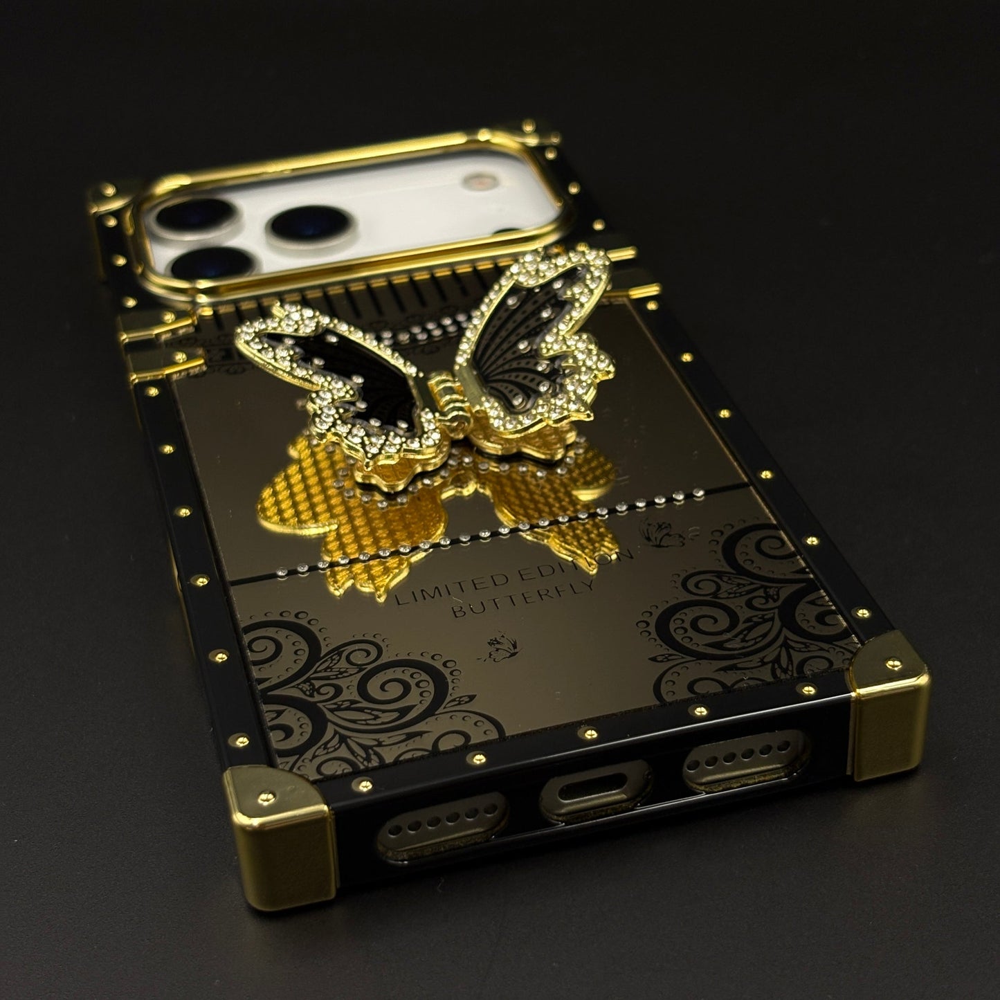 Luxury Butterfly Trunk Phone Case Cover for iPhone 17 Series | Gold Mirror Finish | Diamond Butterfly