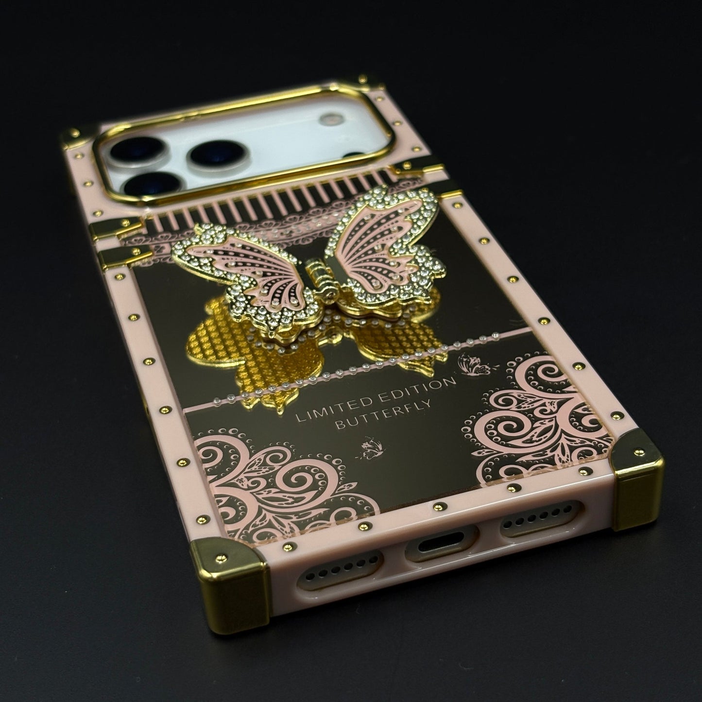Luxury Butterfly Trunk Phone Case Cover for iPhone 17 Series | Gold Mirror Finish | Diamond Butterfly