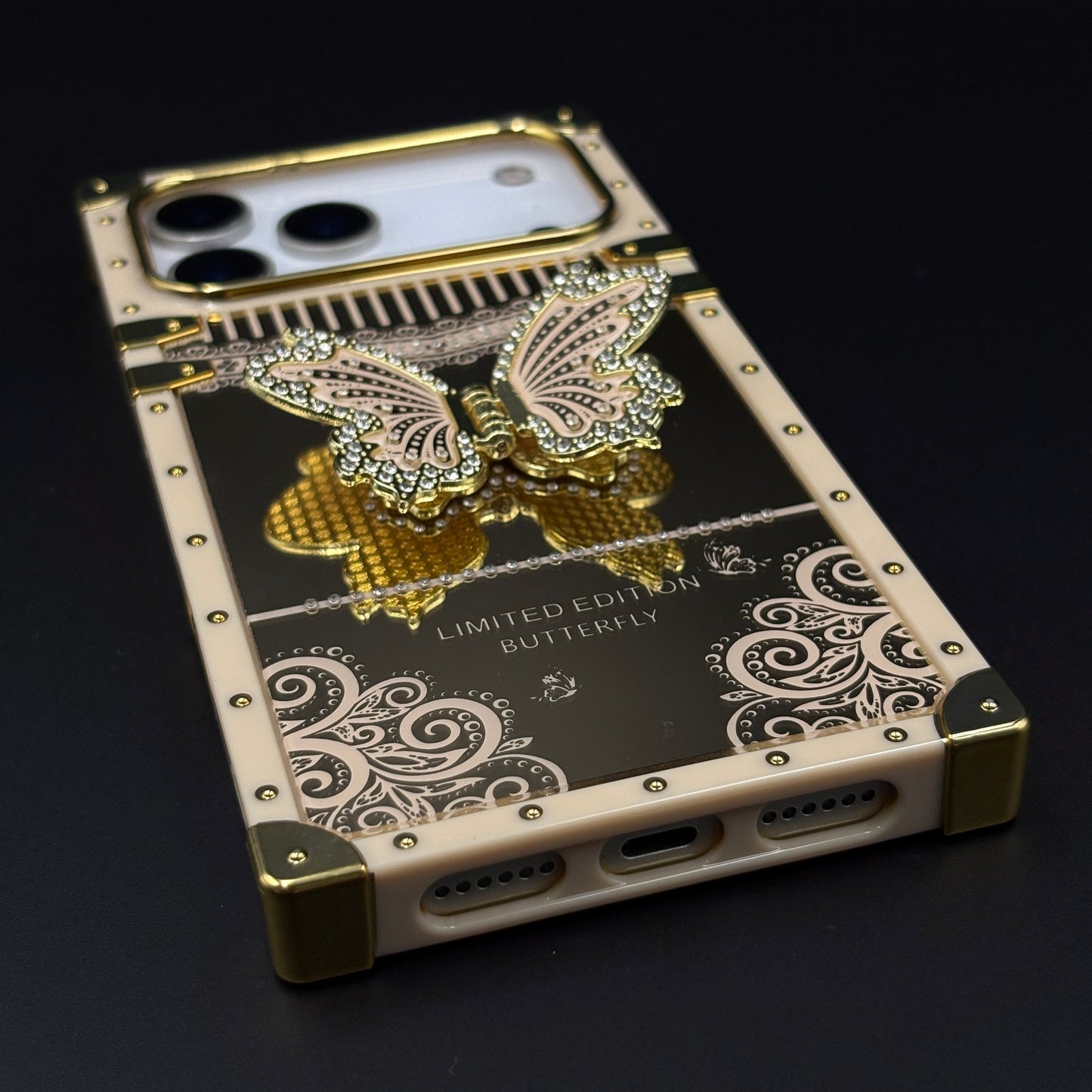 Luxury Butterfly Trunk Phone Case Cover for iPhone 17 Series | Gold Mirror Finish | Diamond Butterfly