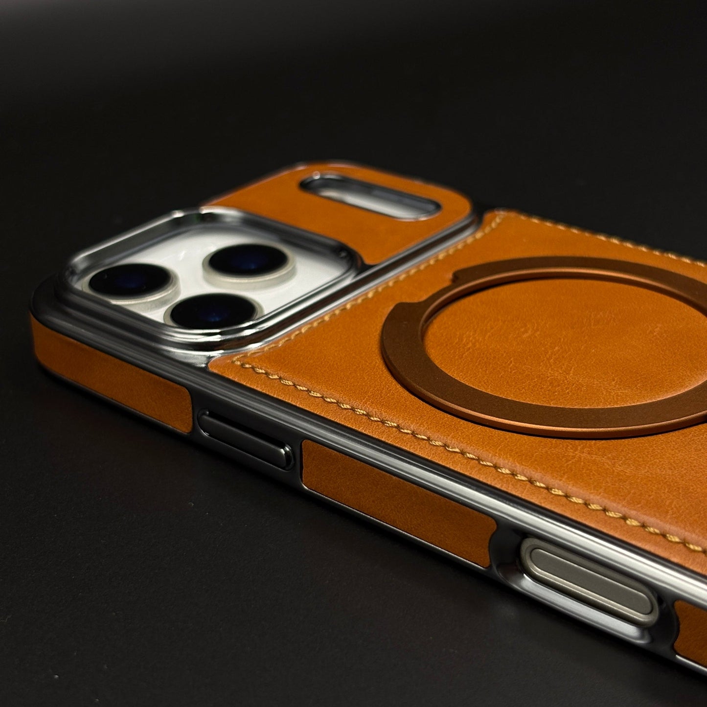Leather Phone Case Cover with Metal Rotating Stand & MagSafe for iPhone 17 Series | Premium 360° Kickstand Edition