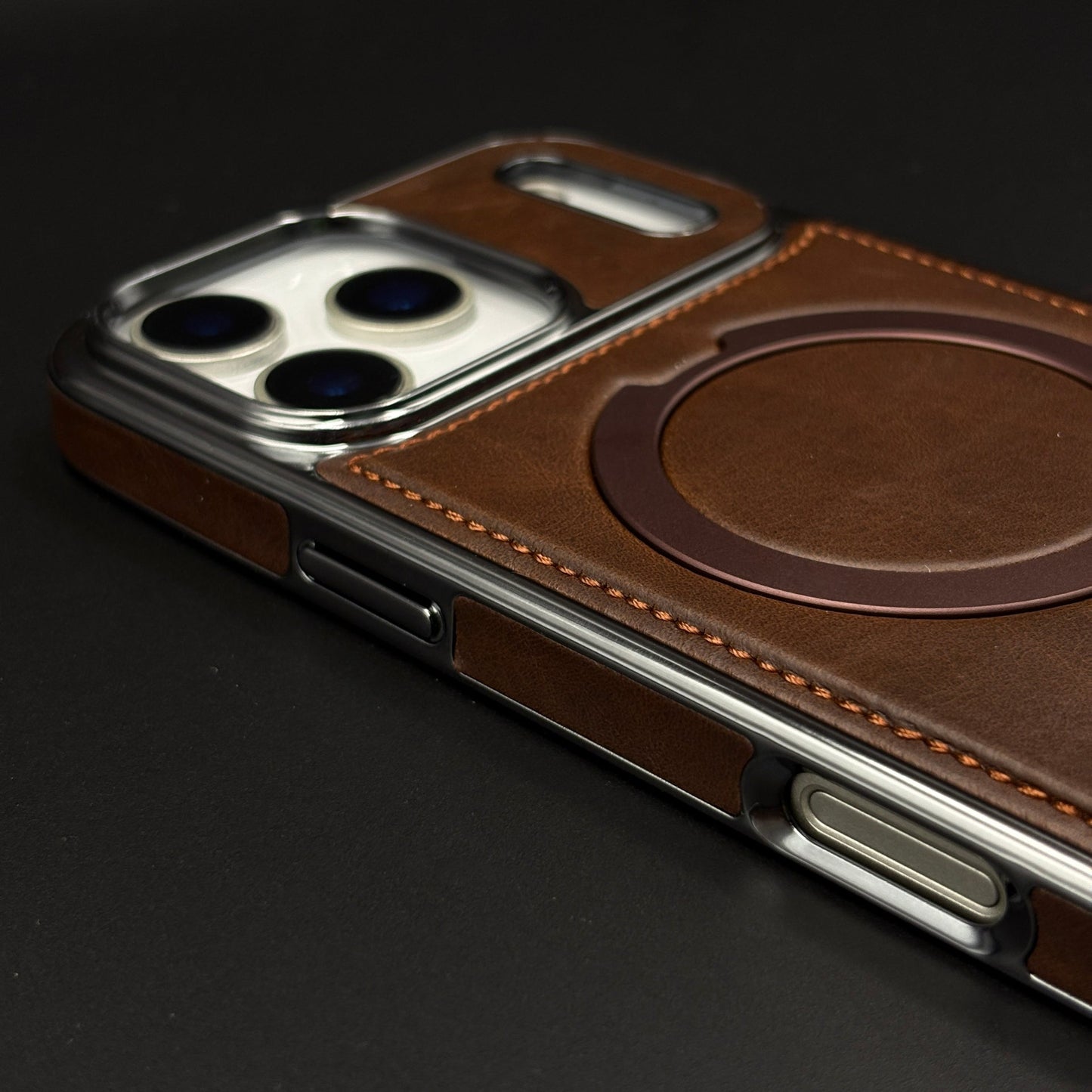 Leather Phone Case Cover with Metal Rotating Stand & MagSafe for iPhone 17 Series | Premium 360° Kickstand Edition
