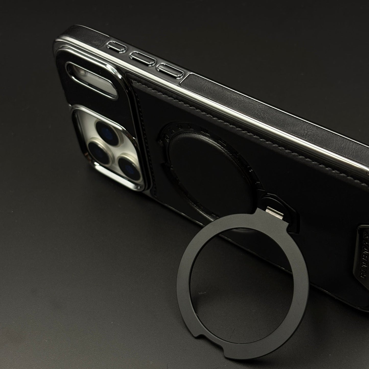 Leather Phone Case Cover with Metal Rotating Stand & MagSafe for iPhone 17 Series | Premium 360° Kickstand Edition