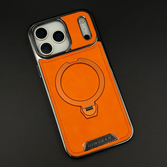 Leather Phone Case Cover with Metal Rotating Stand & MagSafe for iPhone 17 Series | Premium 360° Kickstand Edition