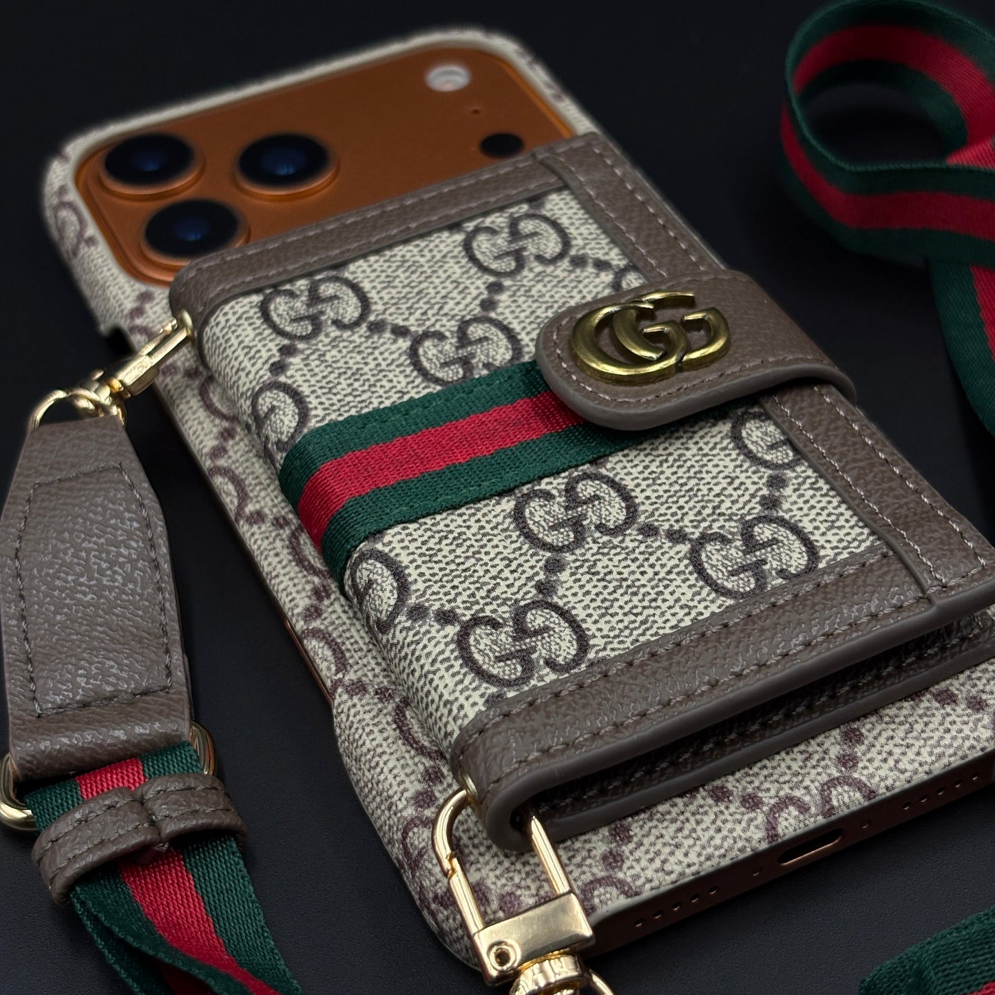 Luxury GG Wallet Case with Sling for iPhone 17 Series | Crossbody Strap | Card Holder