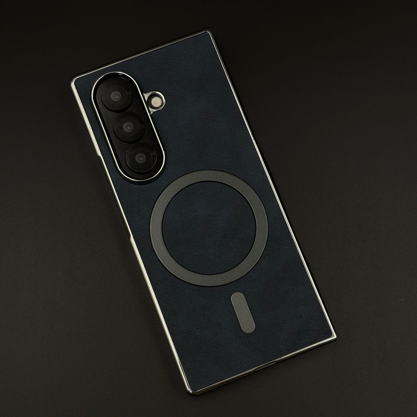 Magnetic MagSafe Leather Phone Case Cover for Samsung Galaxy Z Fold 7 | Matte Chrome Edges