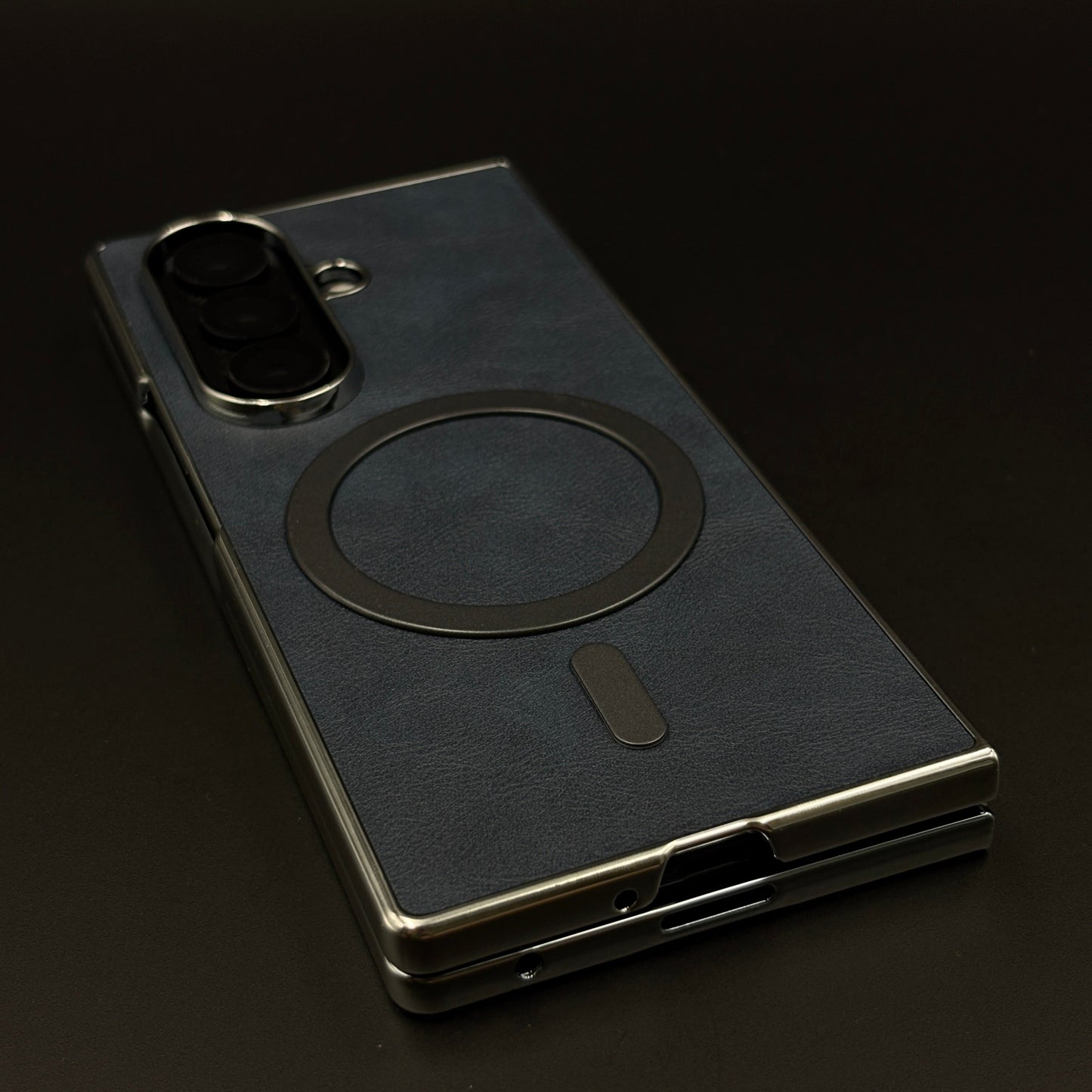 Magnetic MagSafe Leather Phone Case Cover for Samsung Galaxy Z Fold 7 | Matte Chrome Edges