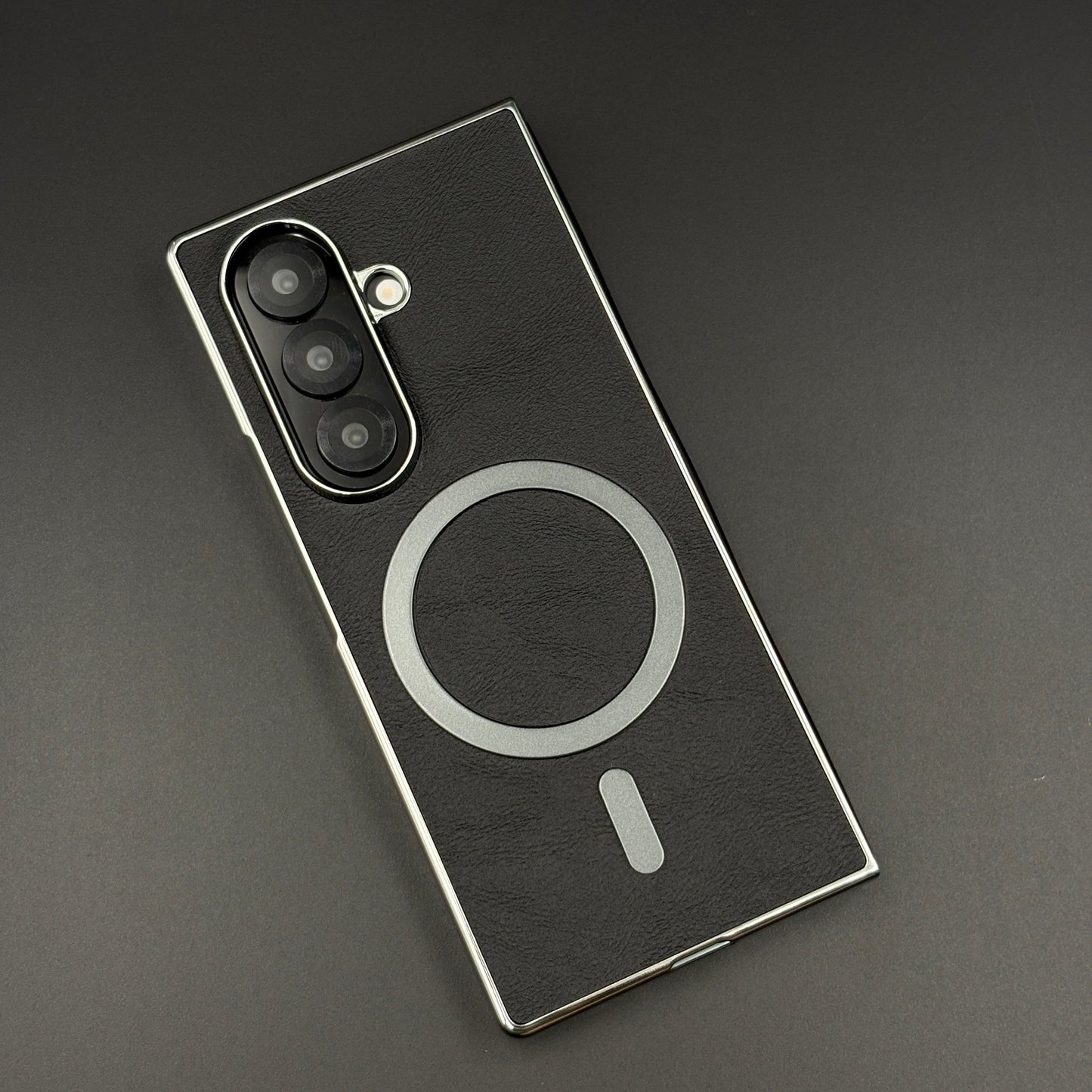 Magnetic MagSafe Leather Phone Case Cover for Samsung Galaxy Z Fold 7 | Matte Chrome Edges