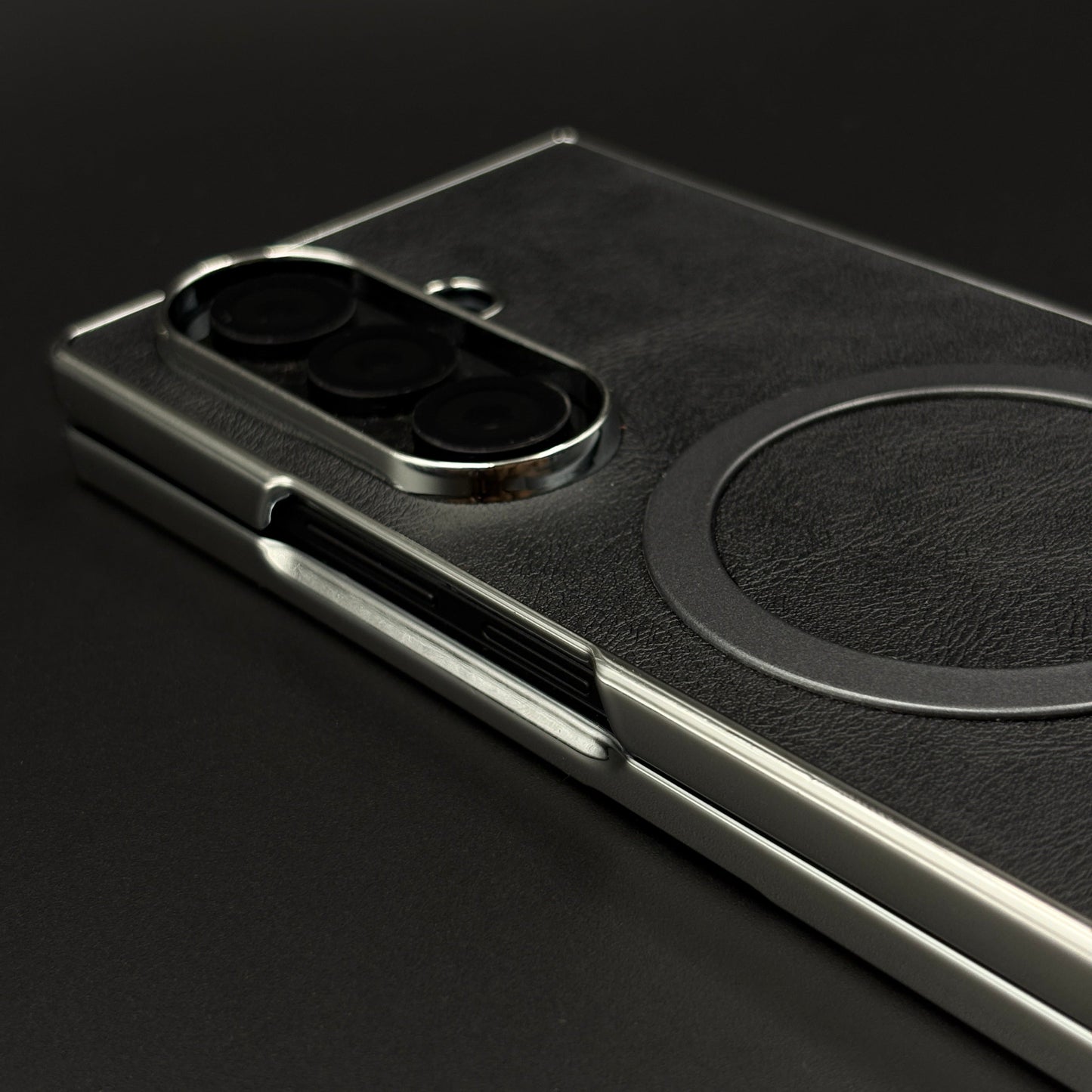 Magnetic MagSafe Leather Phone Case Cover for Samsung Galaxy Z Fold 7 | Matte Chrome Edges