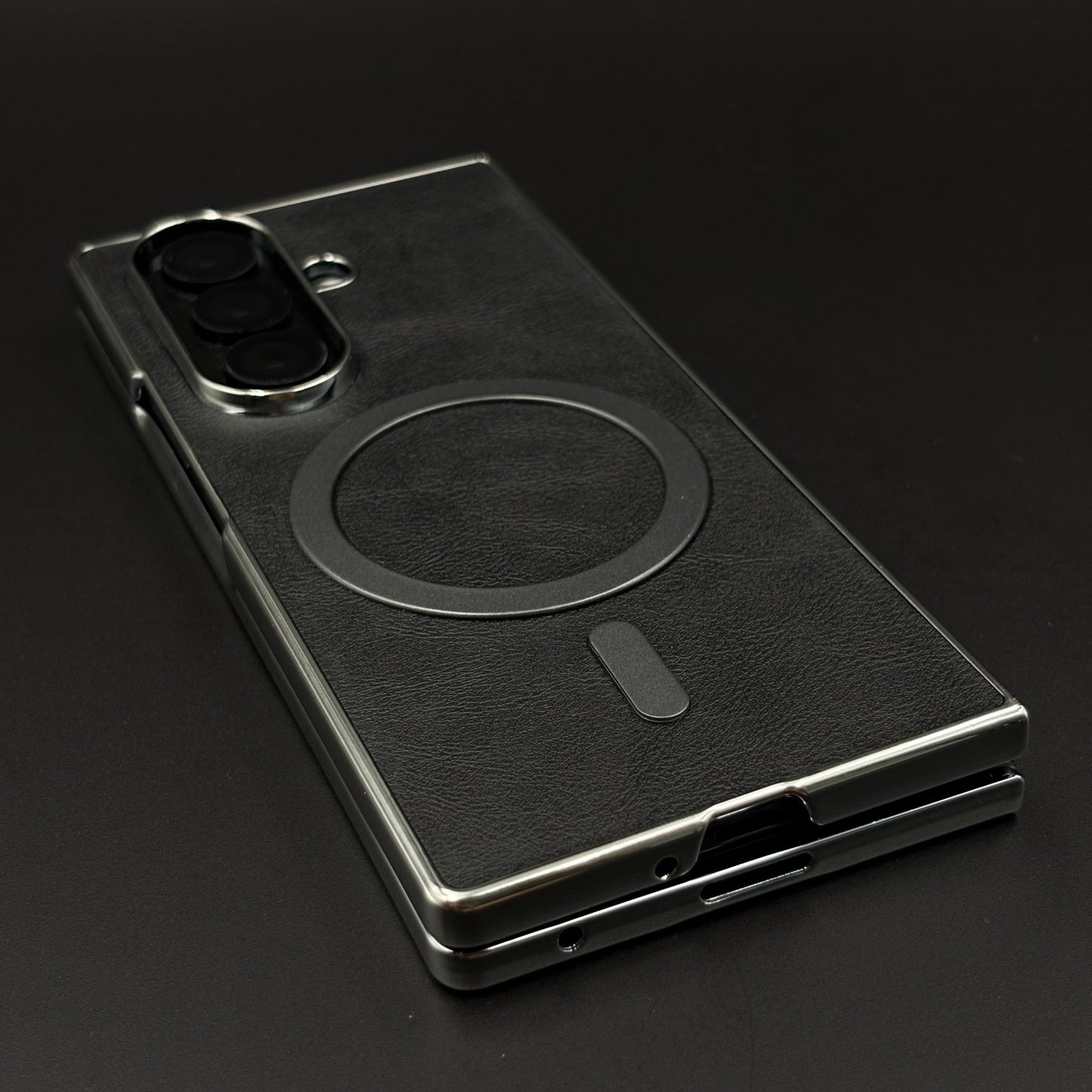 Magnetic MagSafe Leather Phone Case Cover for Samsung Galaxy Z Fold 7 | Matte Chrome Edges