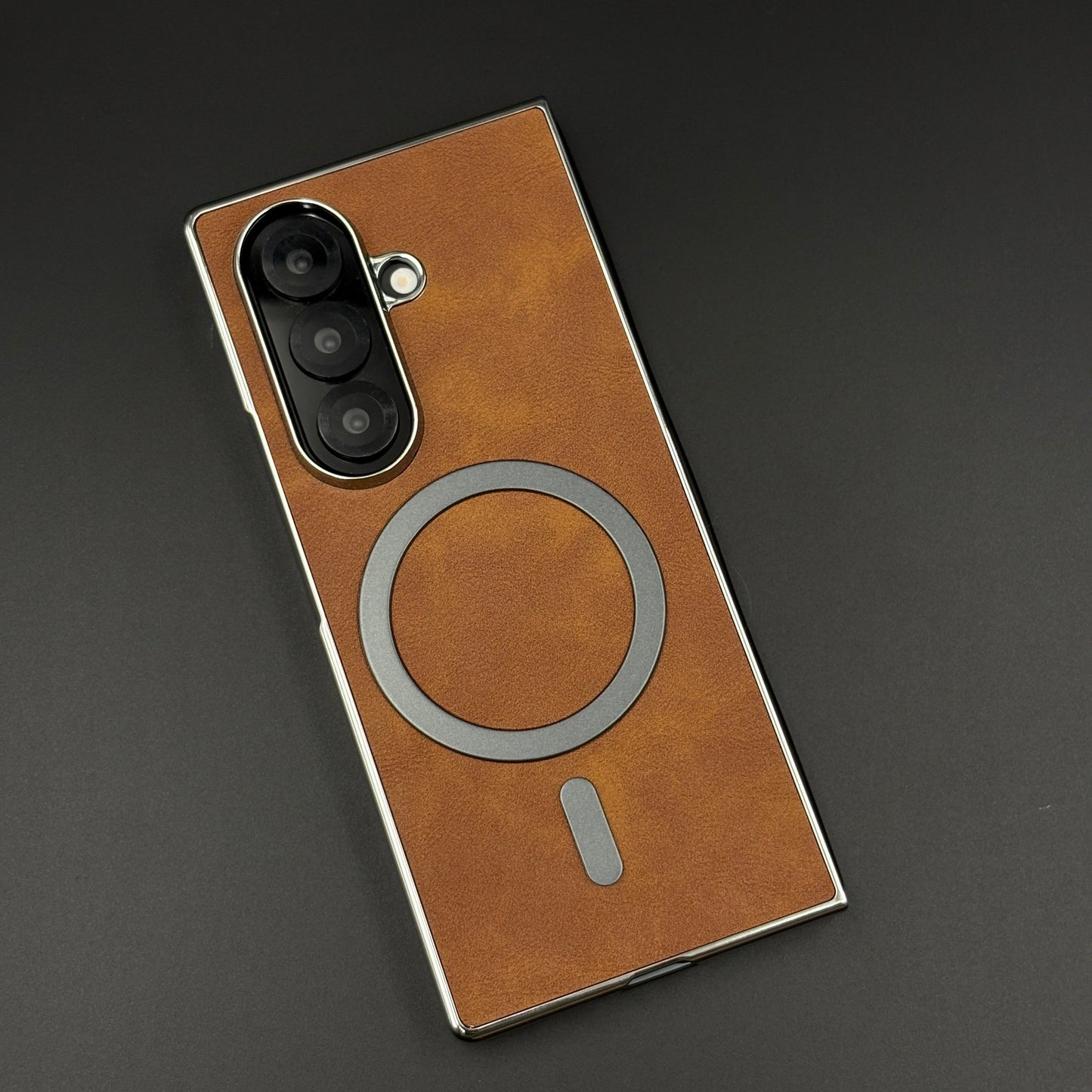 Magnetic MagSafe Leather Phone Case Cover for Samsung Galaxy Z Fold 7 | Matte Chrome Edges