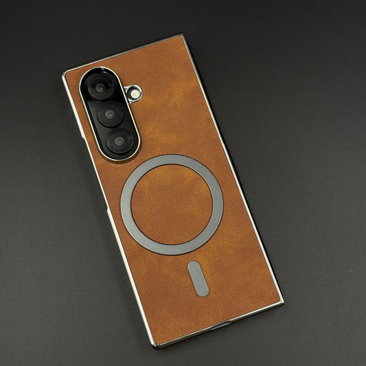 Magnetic MagSafe Leather Phone Case Cover for Samsung Galaxy Z Fold 6 | Matte Chrome Edges