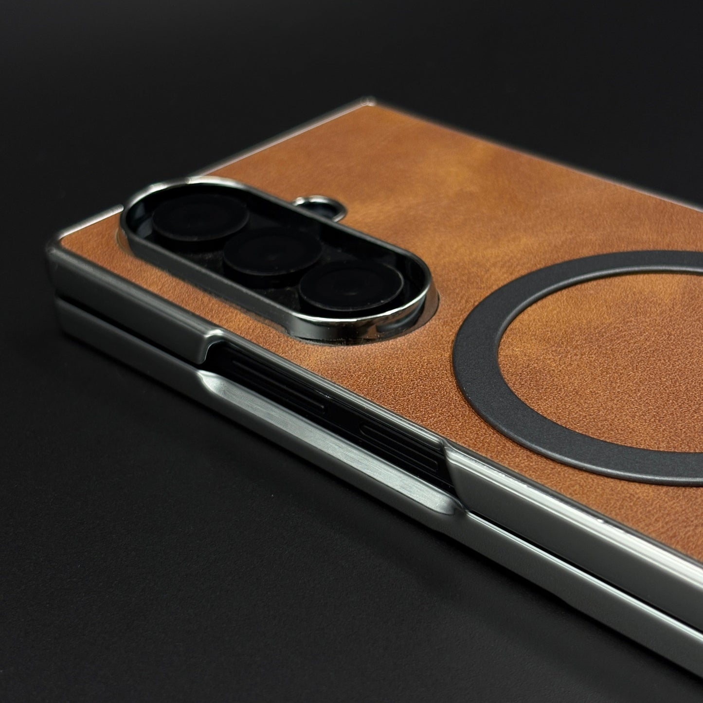 Magnetic MagSafe Leather Phone Case Cover for Samsung Galaxy Z Fold 7 | Matte Chrome Edges