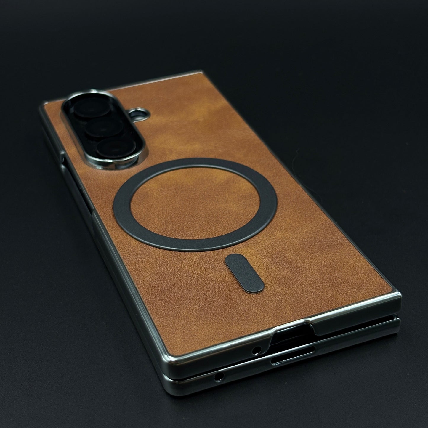 Magnetic MagSafe Leather Phone Case Cover for Samsung Galaxy Z Fold 7 | Matte Chrome Edges