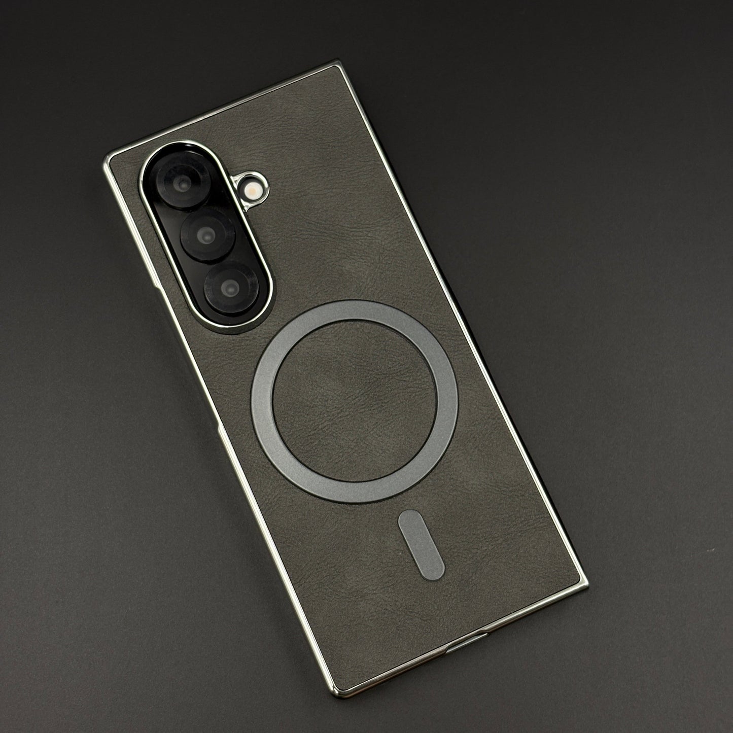 Magnetic MagSafe Leather Phone Case Cover for Samsung Galaxy Z Fold 7 | Matte Chrome Edges