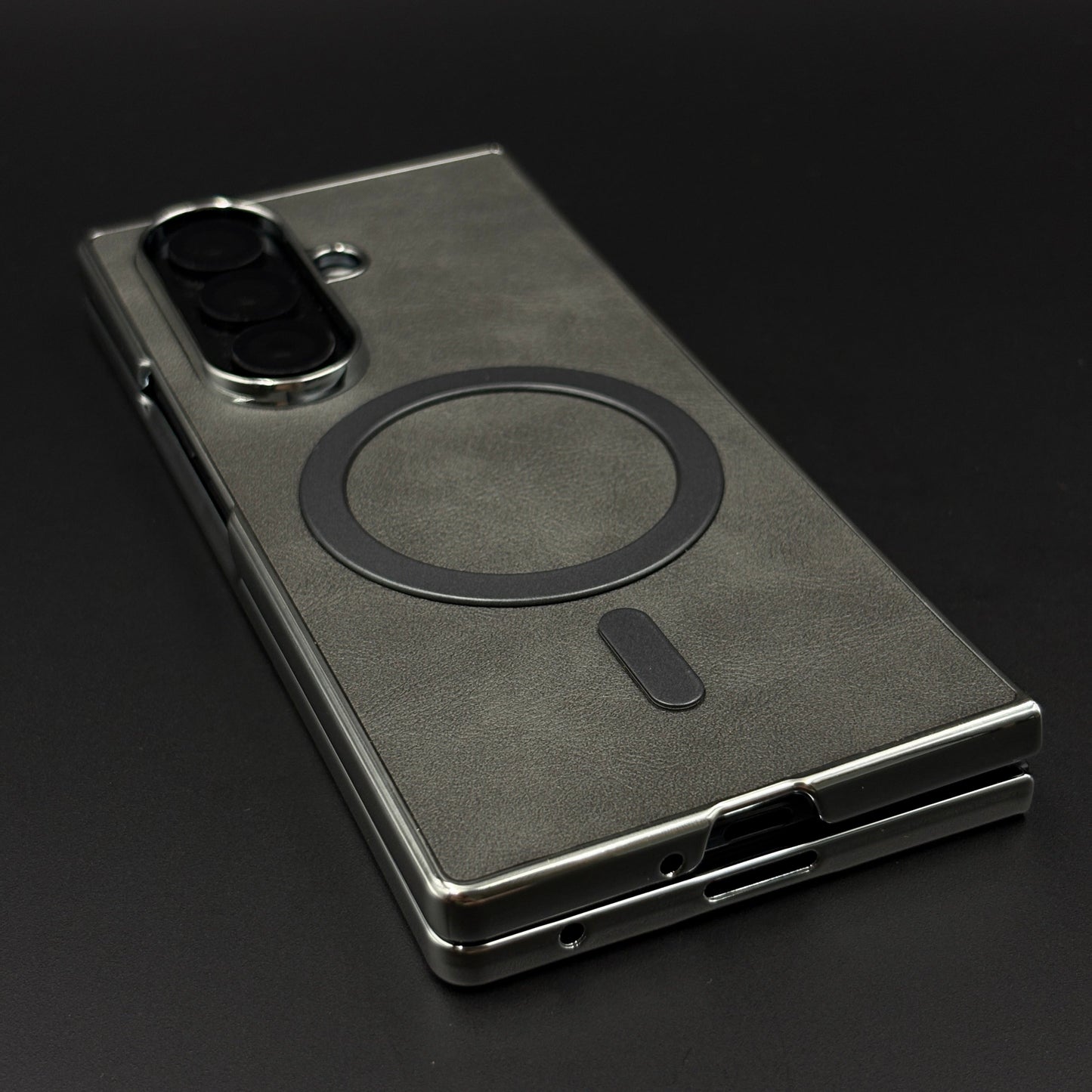 Magnetic MagSafe Leather Phone Case Cover for Samsung Galaxy Z Fold 7 | Matte Chrome Edges